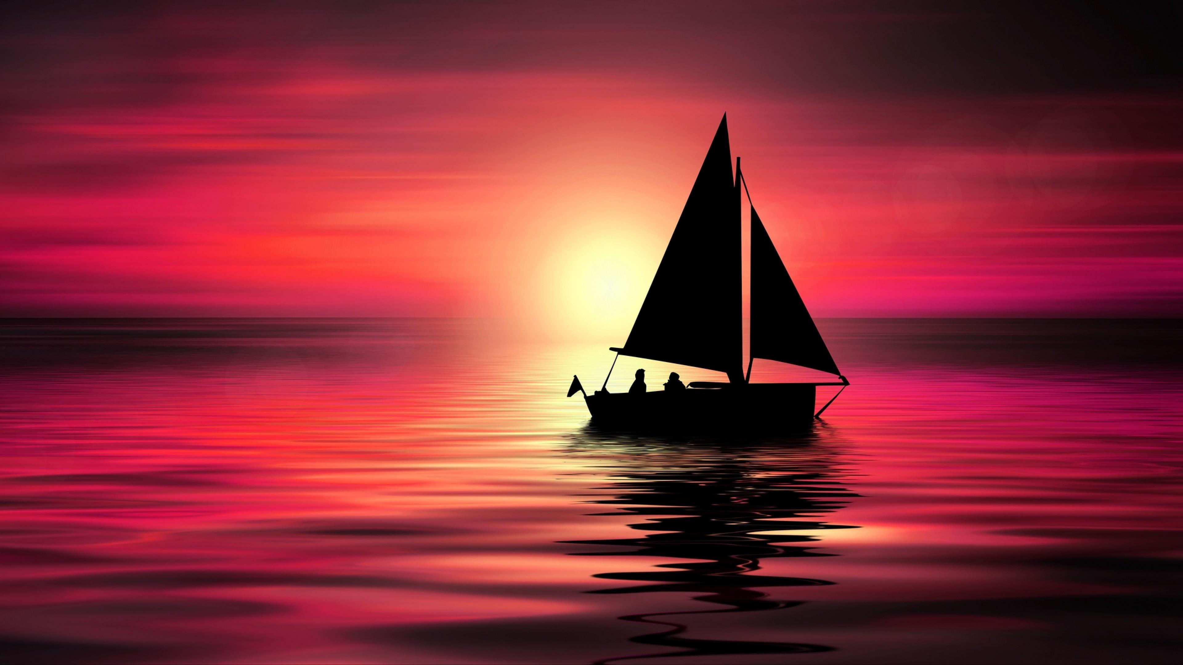 3840x2160 Silhouette of small yacht sailing on sea HD Wallpaper 4K Ultra HD