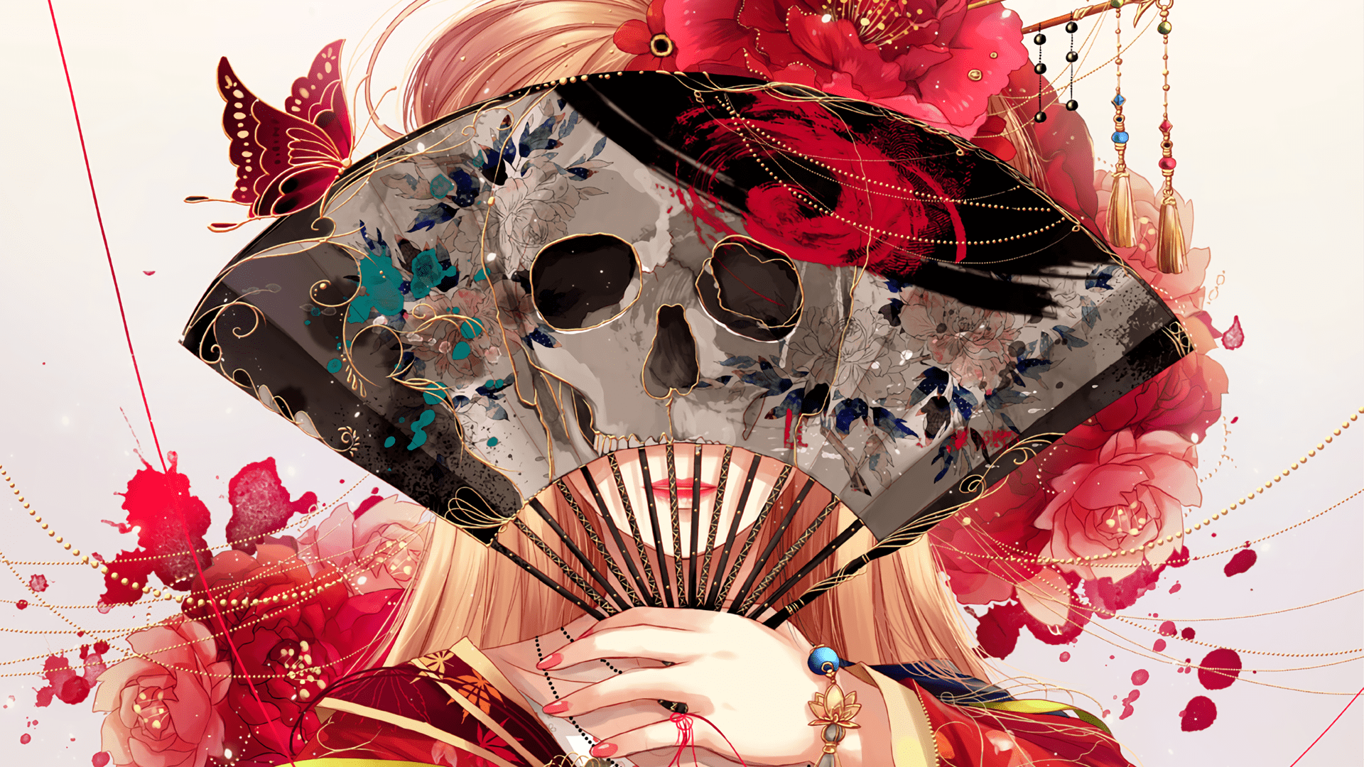 1920x1080 Blonde Butterfly Fan Flower Girl Original Anime Skull Wallpaper:1920x1080