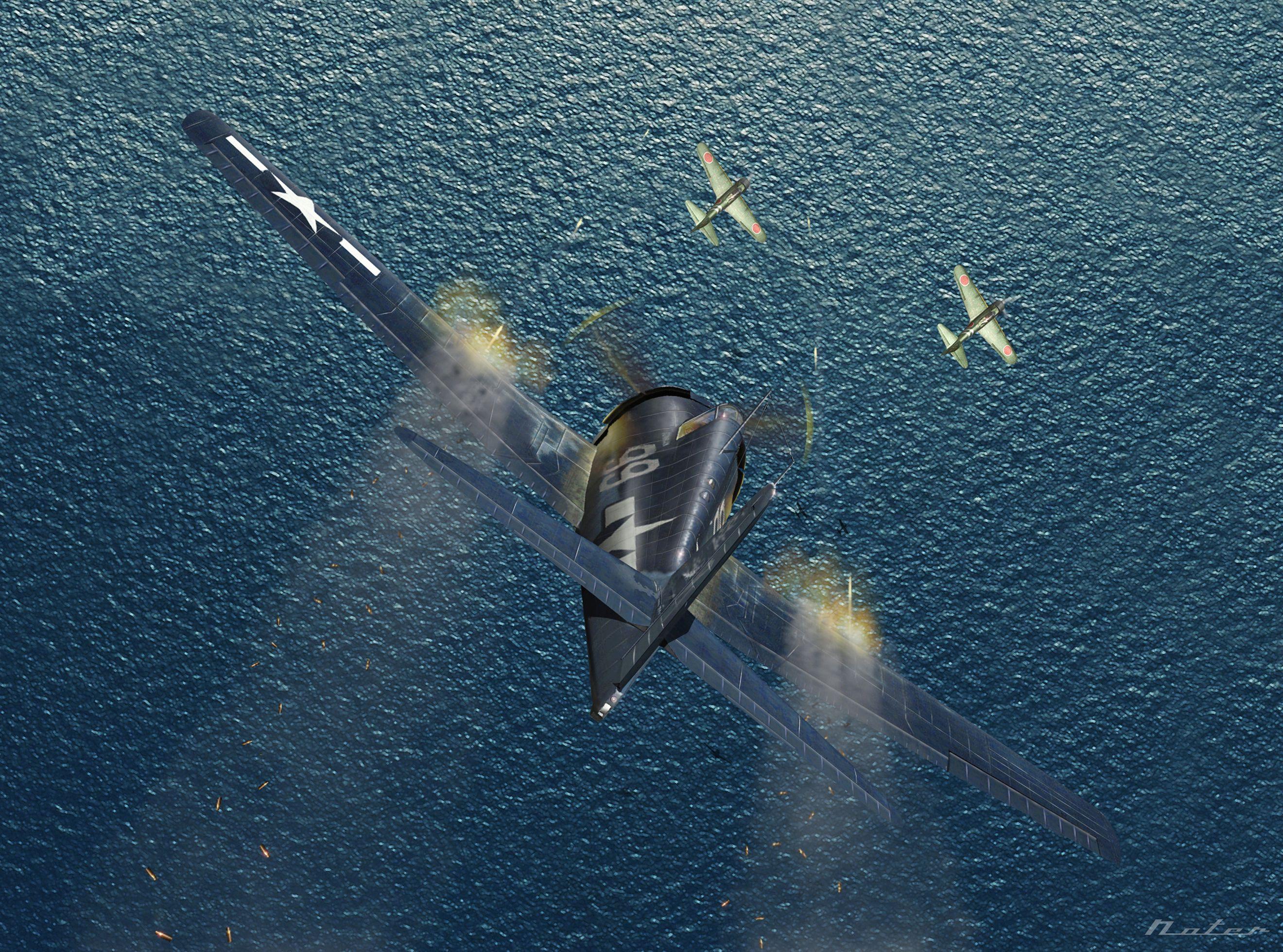 2640x1959 Art planes American Japanese WW2 drawing battle military wallpaper