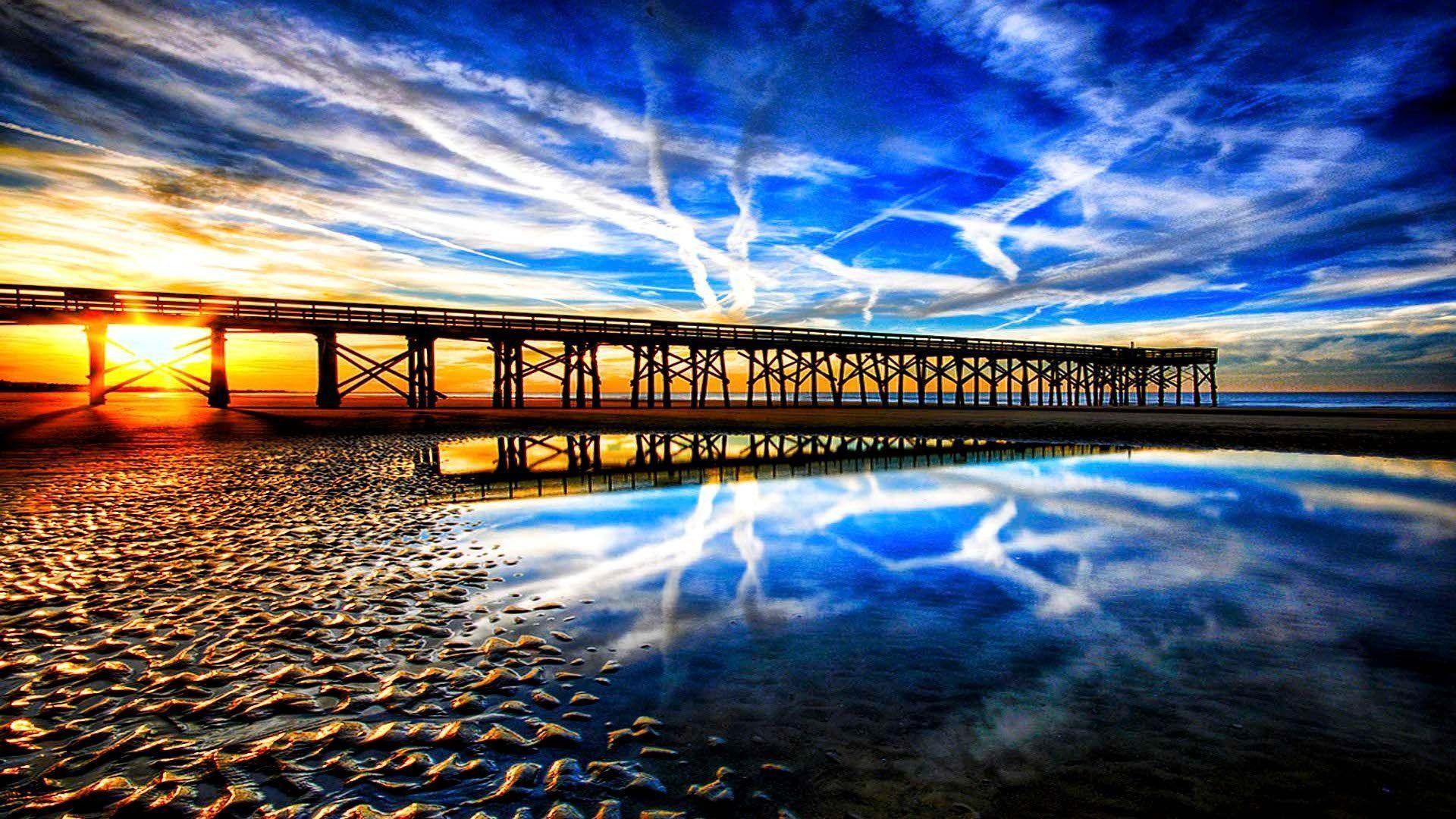1920x1080 Fabulous Pier Hdr Ripples Clouds Beach Desktop Wallpaper