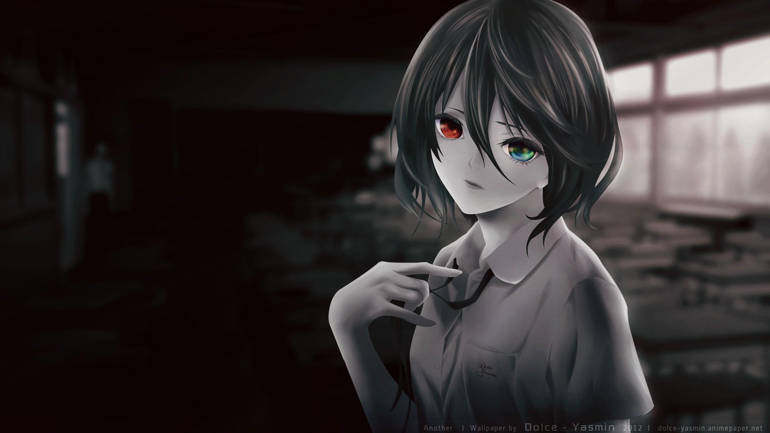 Wallpaper pose, the dark background, anime, gesture, anime, monochrome,  green eyes, monochrome for mobile and desktop, section сёнэн, resolution  1920x1080 - download