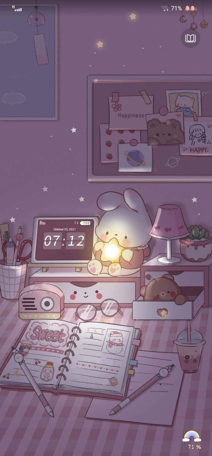 720x1544 Download A Cute Kawaii Room With A Clock And A Lamp Wallpaper