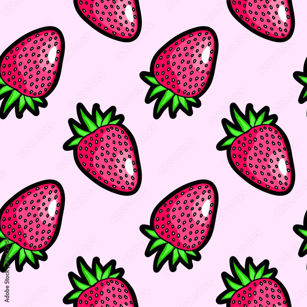 1000x1000 Strawberries seamless pattern. Light pink background. Cute, kawaii wallpaper. Stock Vector