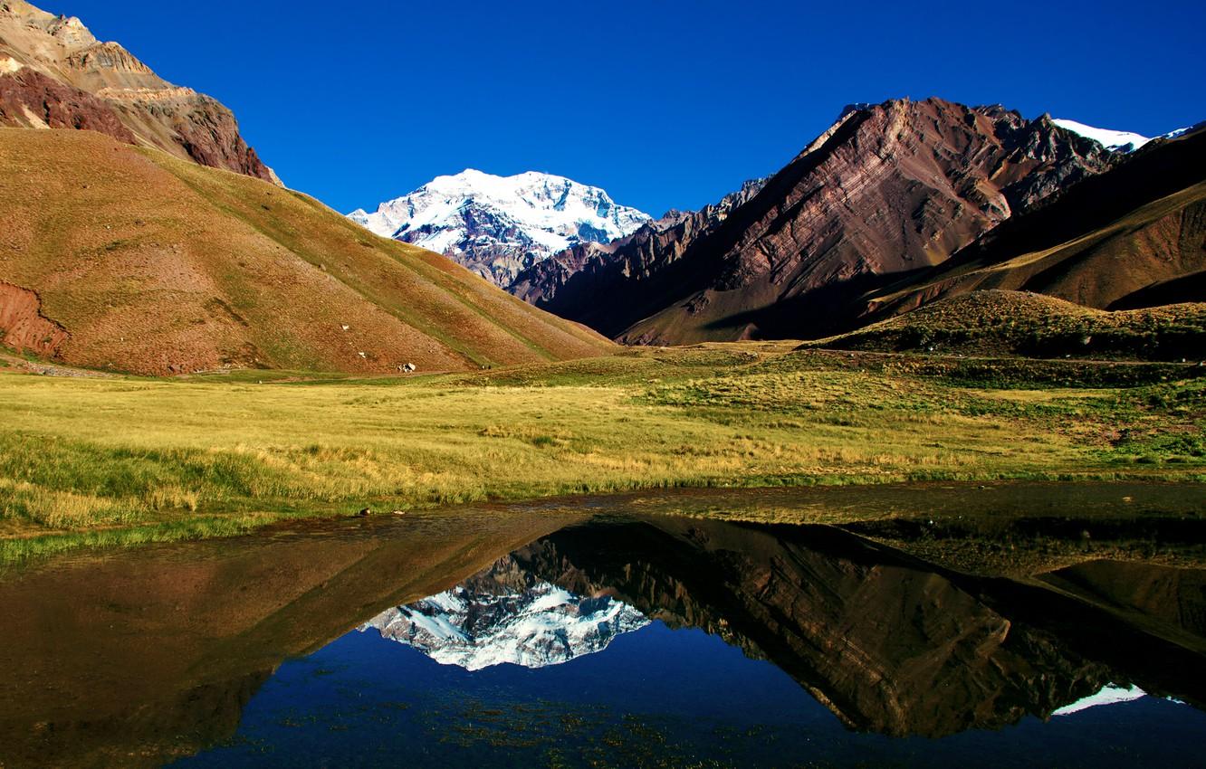 1332x850 Wallpaper the sky, grass, mountains, lake, reflection, hills image for desktop, section пейзажи