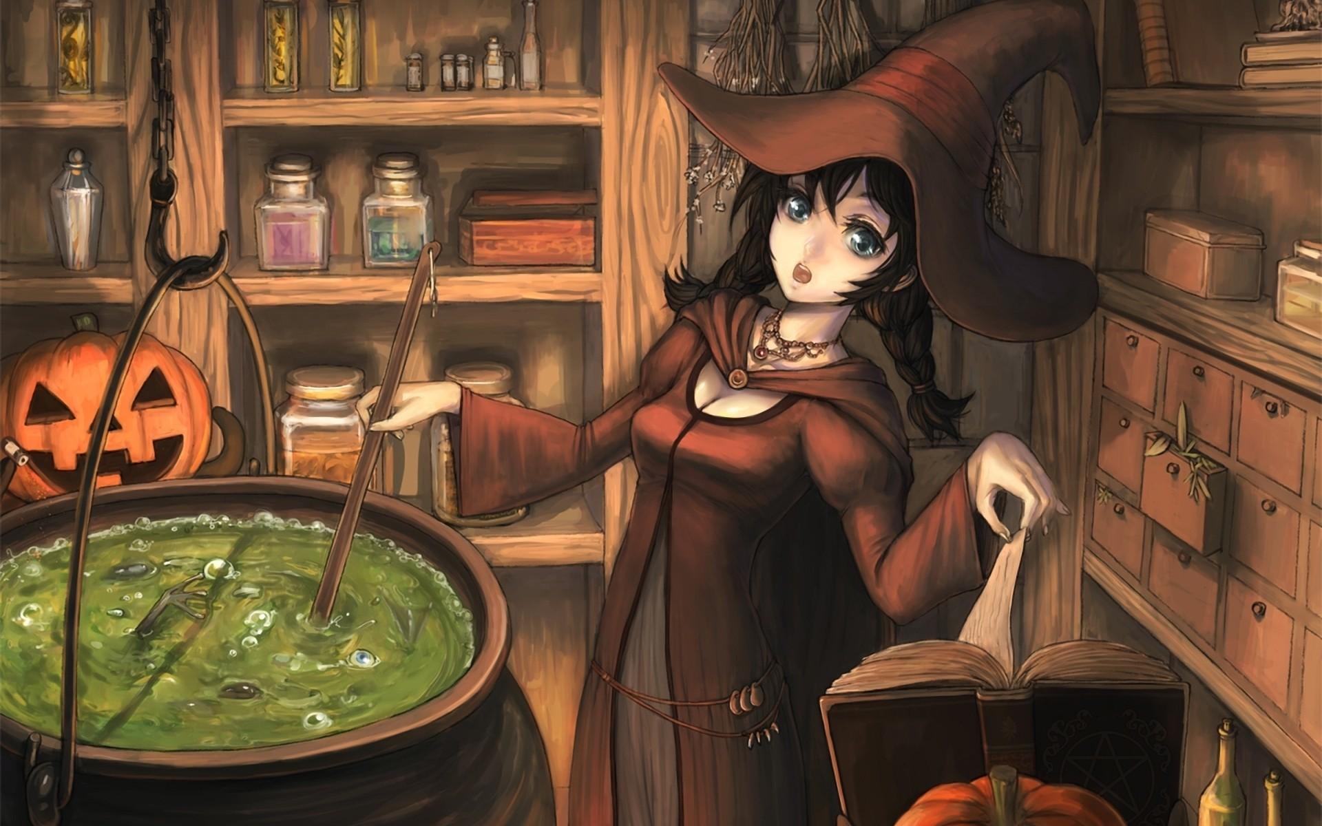 1920x1200 Halloween books hats anime girls pumpkins potion witches tiaras / Wallpaper