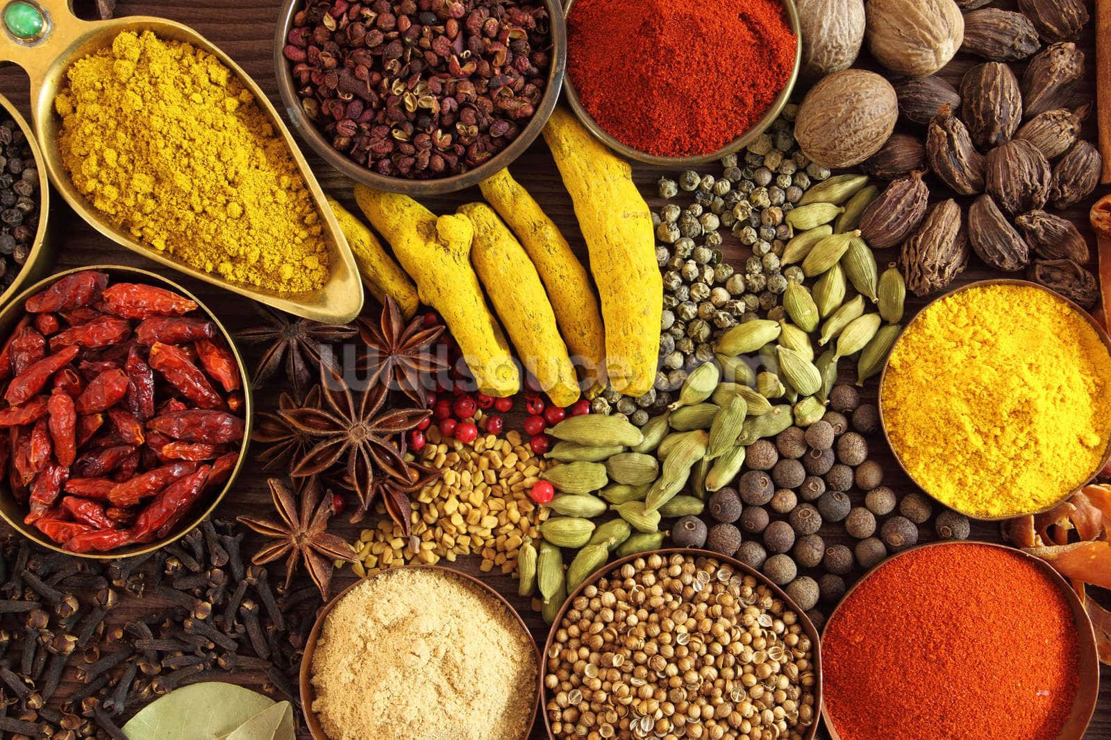 1600x1067 Download Various Spices In Bowls On A Wooden Table