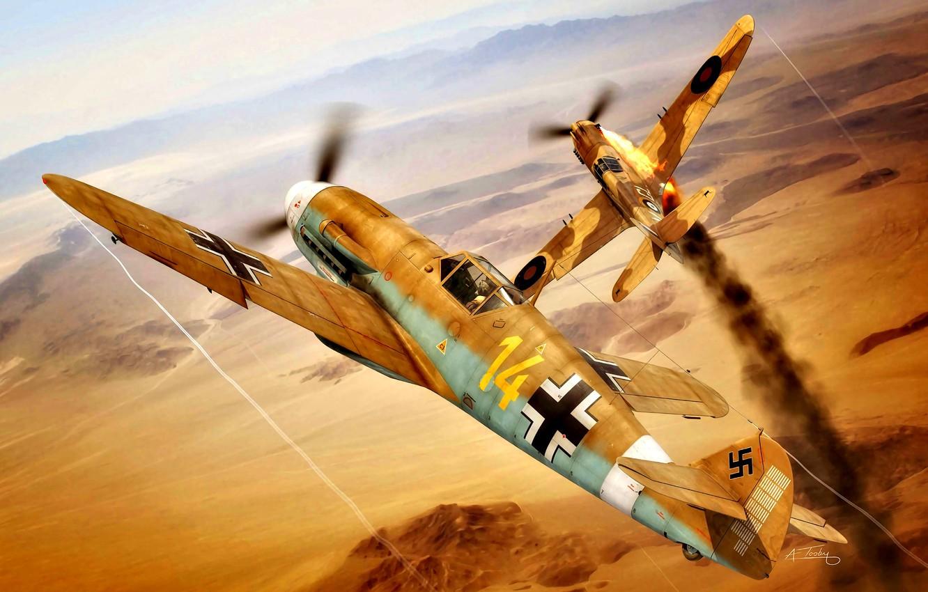 1332x850 Wallpaper Smoke, Desert, The Second World War, North Africa, P 40 Tomahawk, Bf.109F 4 Trop, I. JG Star Of Africa Image For Desktop, Section авиация