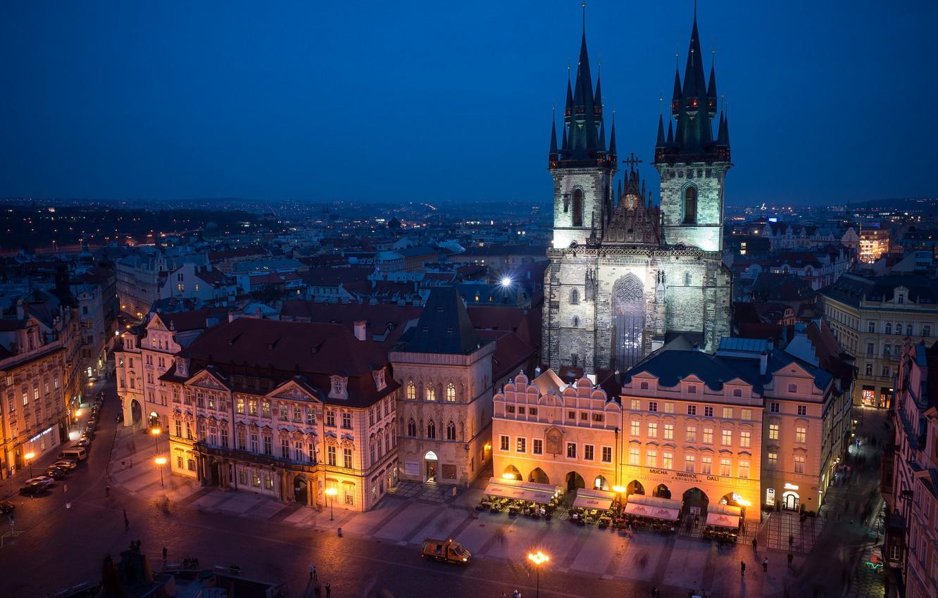 1332x850 Wallpaper the sky, night, the city, building, Prague, Czech Republic, lighting, architecture, blue, Prague, The Czech Republic, Republic, Praha, Old town square, Tyn Church, Staré Město image for desktop, section город