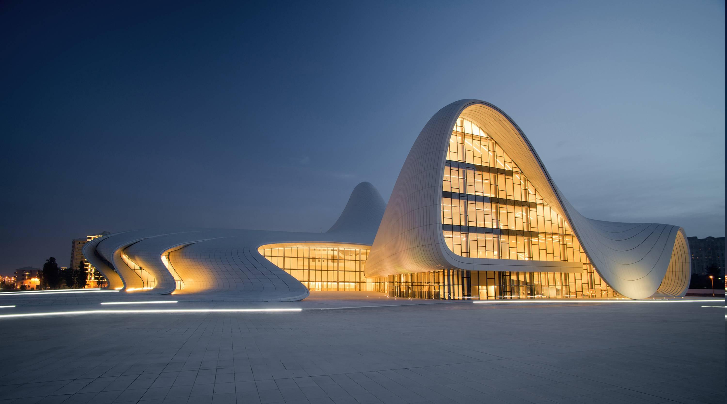 3000x1666 architecture, Modern, Azerbaijan, Town Square, Lights, Building, Tiles, Clear Sky, Evening, Landscape Wallpaper HD / Desktop and Mobile Background