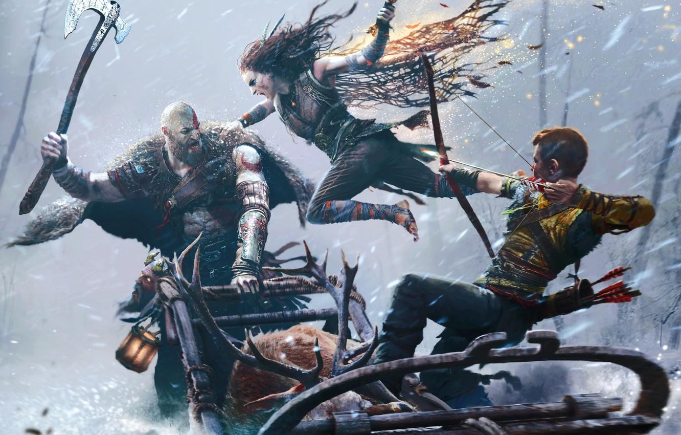 1332x850 Wallpaper Battle, Sword, Axe, Bow, Kratos, Kratos, Loki, Leviathan, Sleigh, Atrey, God of War: Ragnarök, God of War Ragnarok, The Death of the Gods, Freya image for desktop, section игры