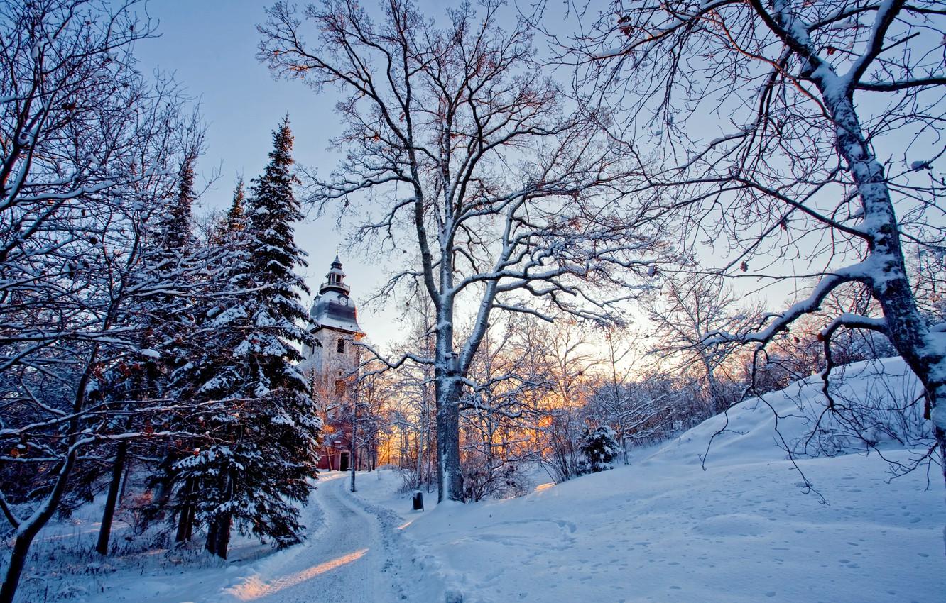 1332x850 Wallpaper winter, light, snow, trees, nature, Church image for desktop, section природа