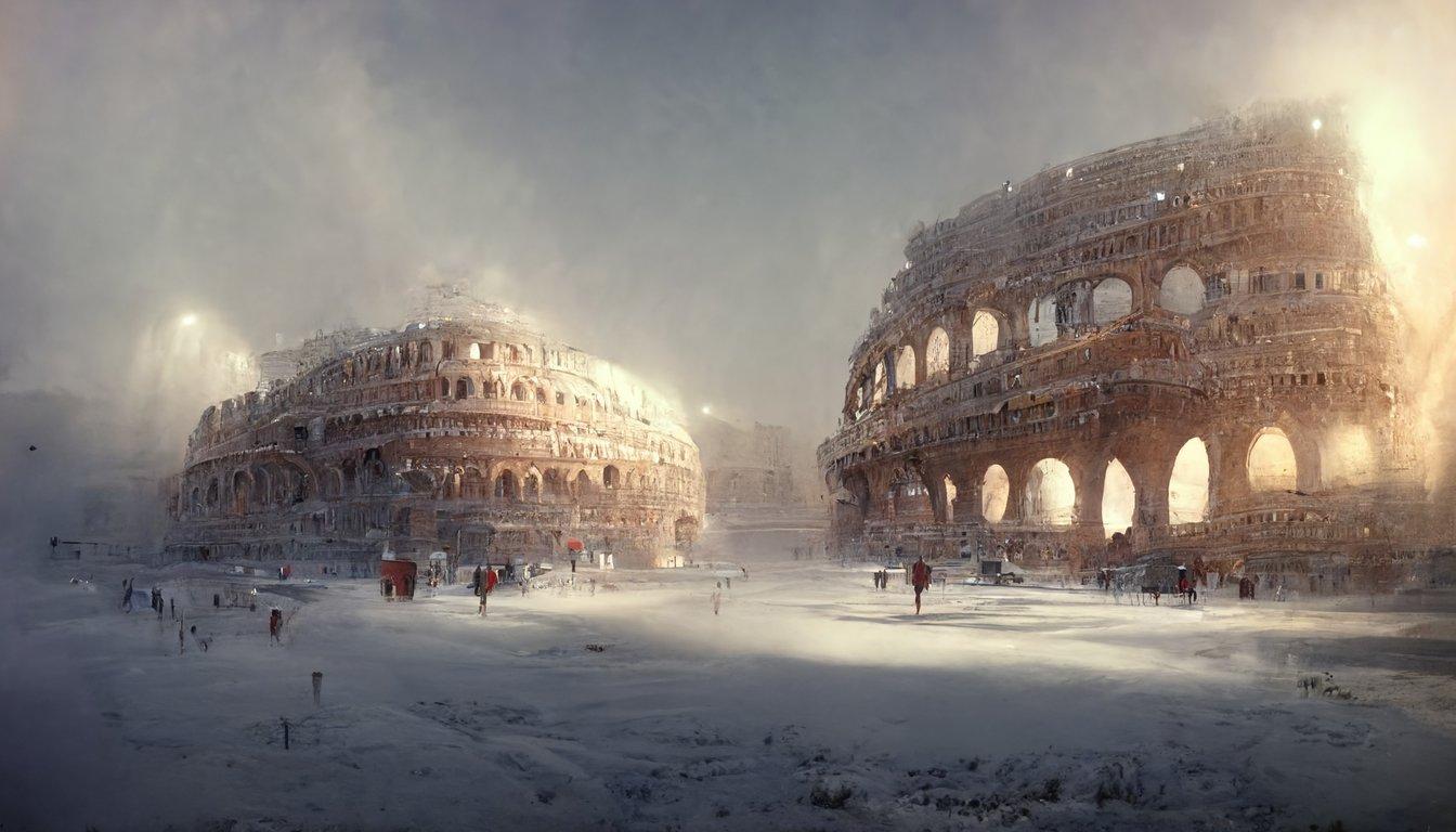 1344x768 prompthunt: ancient rome, colosseum, misty, volumetric light, snow, winter, vray, unreal engine, render