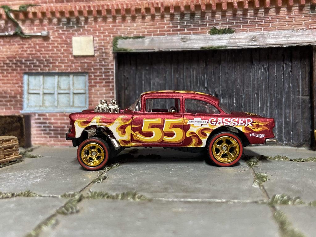 1024x768 Custom Hot Wheels 1955 Chevy Gasser Drag Car In Red With Flames With G