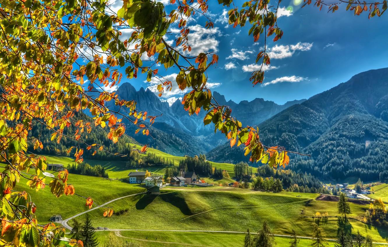 1332x850 Wallpaper autumn, mountains, branches, valley, village, Italy, Italy, The Dolomites, South Tyrol, South Tyrol, Dolomites, Funes, Funes image for desktop, section пейзажи