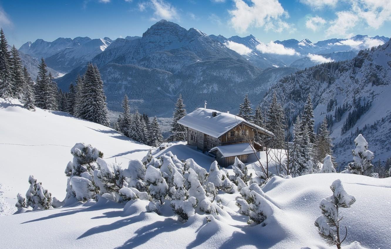 1332x850 Wallpaper winter, snow, trees, landscape, mountains, nature, house, Austria, ate, Alps, cottage, forest, Tyrol image for desktop, section пейзажи