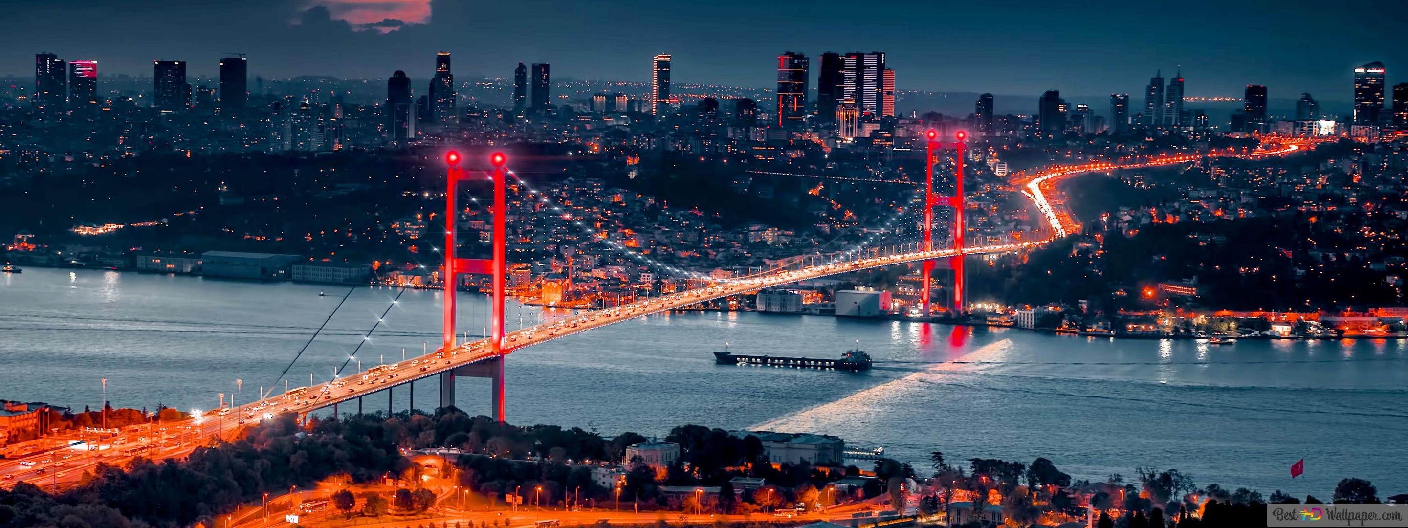 2880x1080 Istanbul bosphorus bridge and city lights 4K wallpaper download
