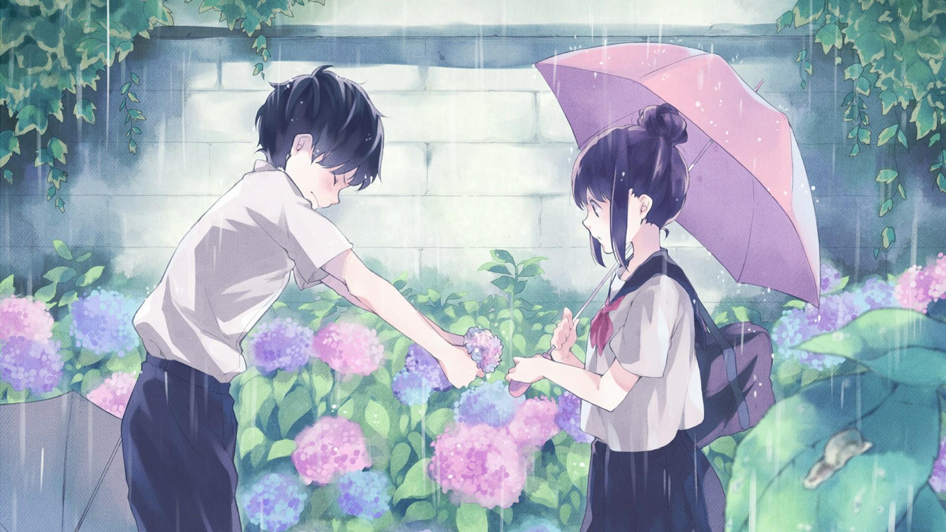 1920x1080 Wallpaper / anime girls, anime boys, anime, rain, flowers, umbrella, hairbun, school uniform free download