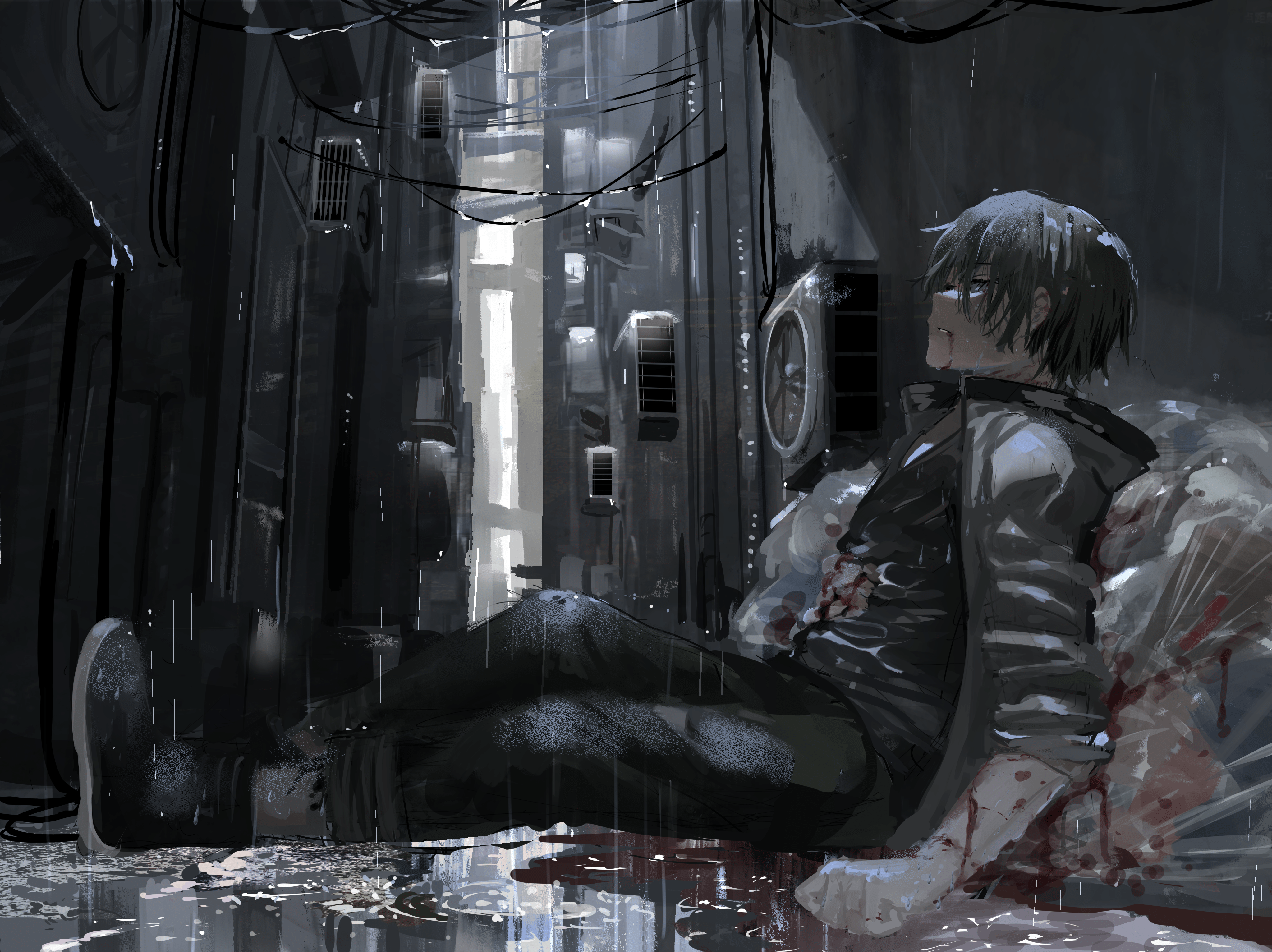 4093x3063 Download 4093x3063 Anime Boy, Darkness, Lonely, Raining, Sadness, After Fight Wallpaper