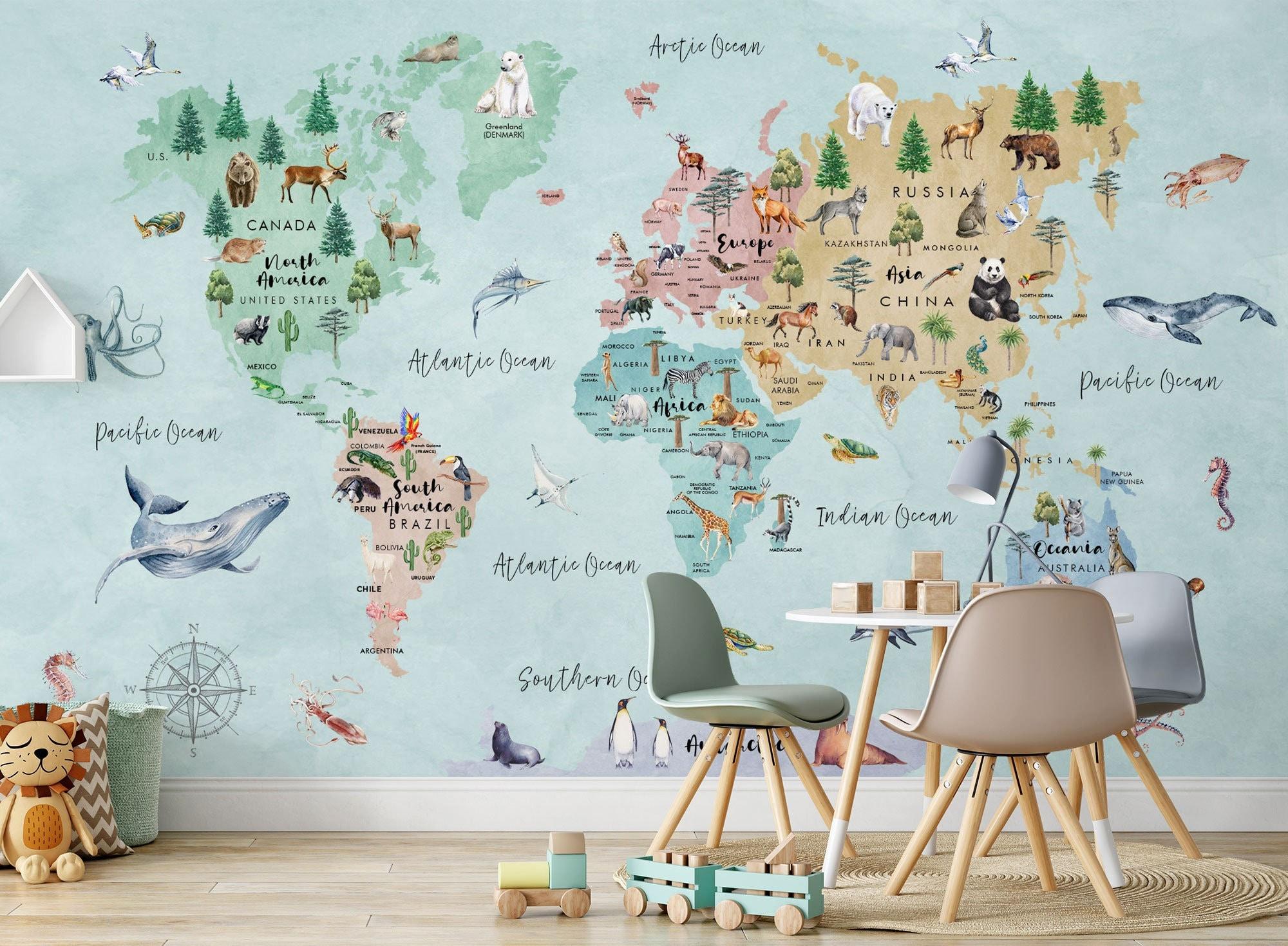 2000x1470 Kids Watercolor Map Wallpaper Educational Map Wall Mural Peel