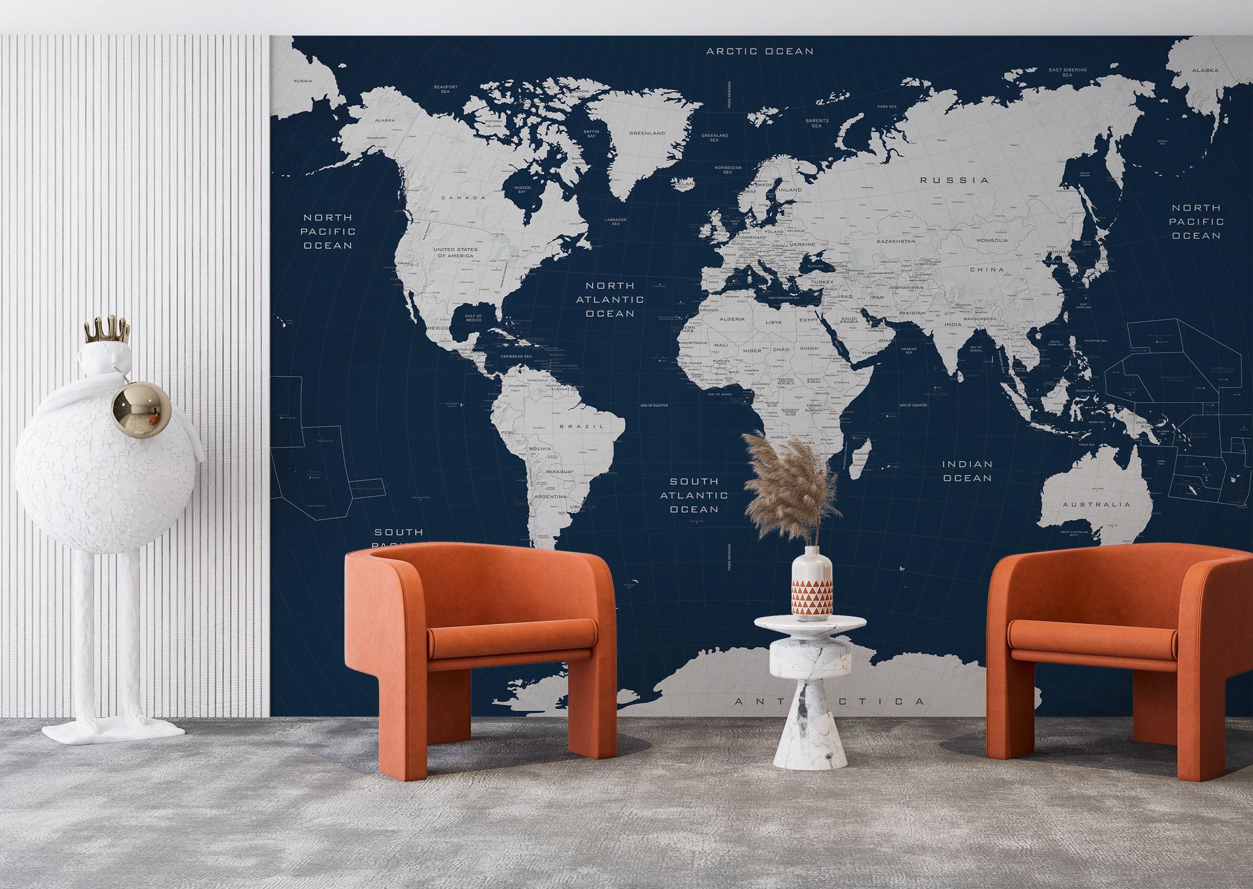 2500x1775 World Map Wallpaper Dark Blue Map Wall Mural Peel and Stick