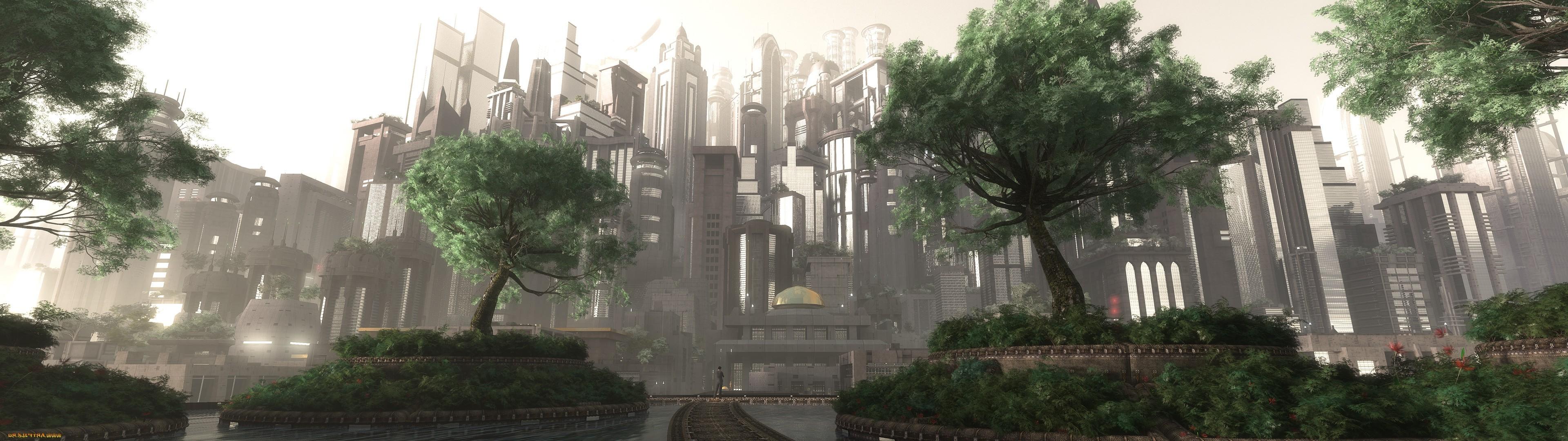 3840x1080 fantasy Art, Cityscape Wallpaper HD / Desktop and Mobile Background