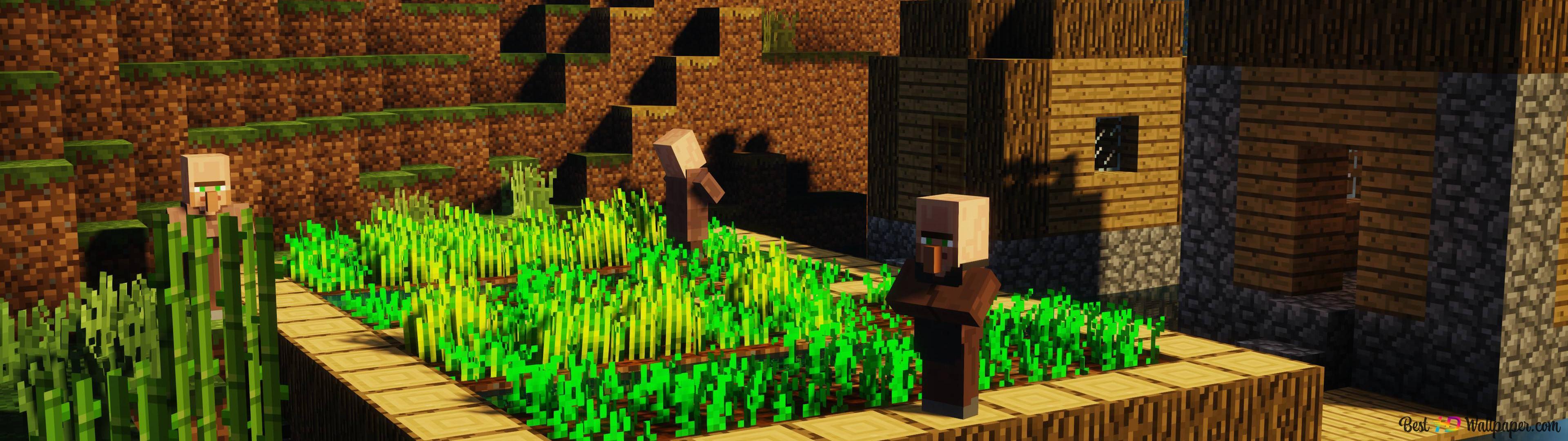 3840x1080 Graphical view of buildings and green spaces in the Microsoft Minecraft video game 4K wallpaper download