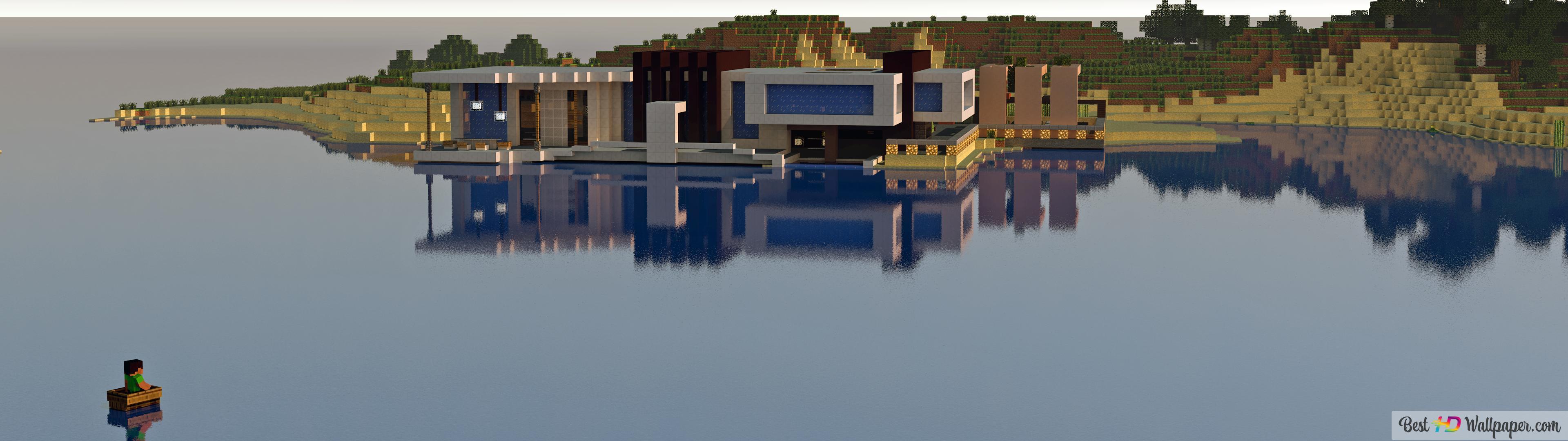 3840x1080 Minecraft by the Lake 4K wallpaper download
