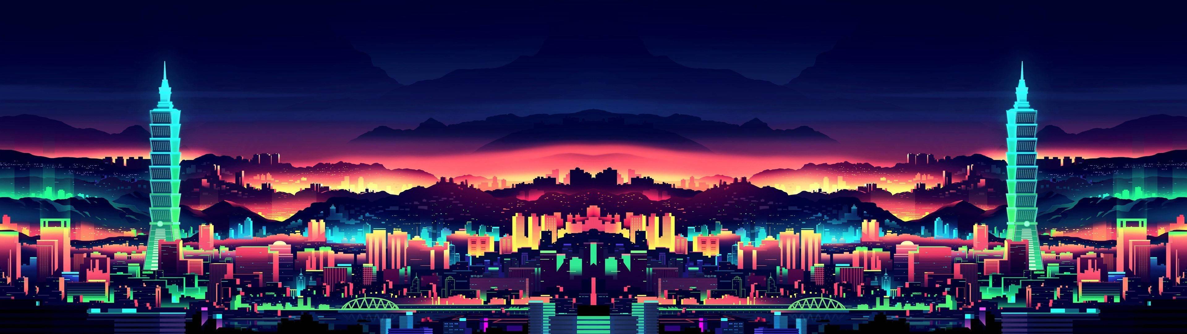 3840x1080 Download Vibrant City Panorama in Dual Monitor Display Wallpaper