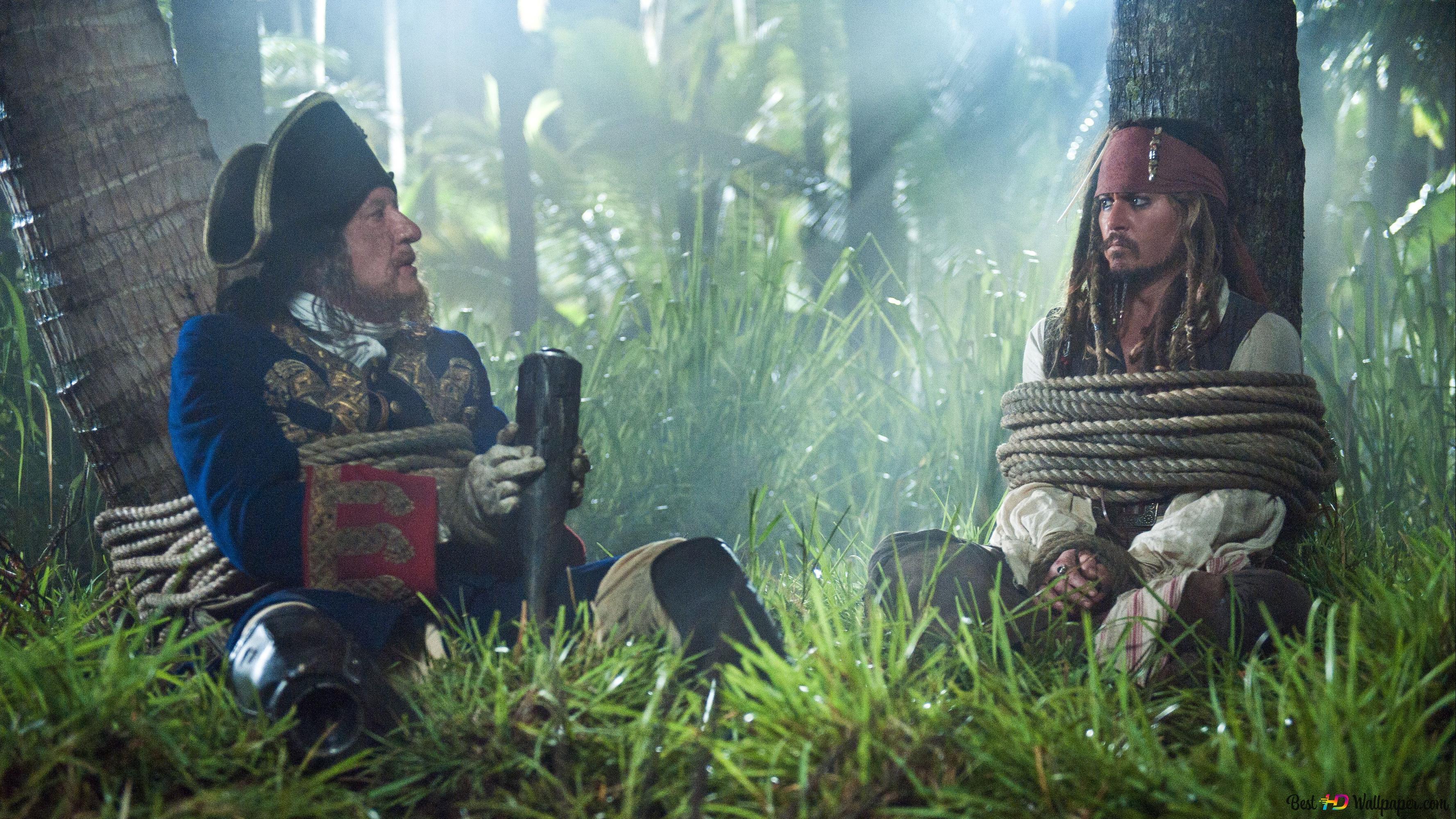 3554x1999 Captain Barbossa and Jack Sparrow tied up in a tree 4K wallpaper download