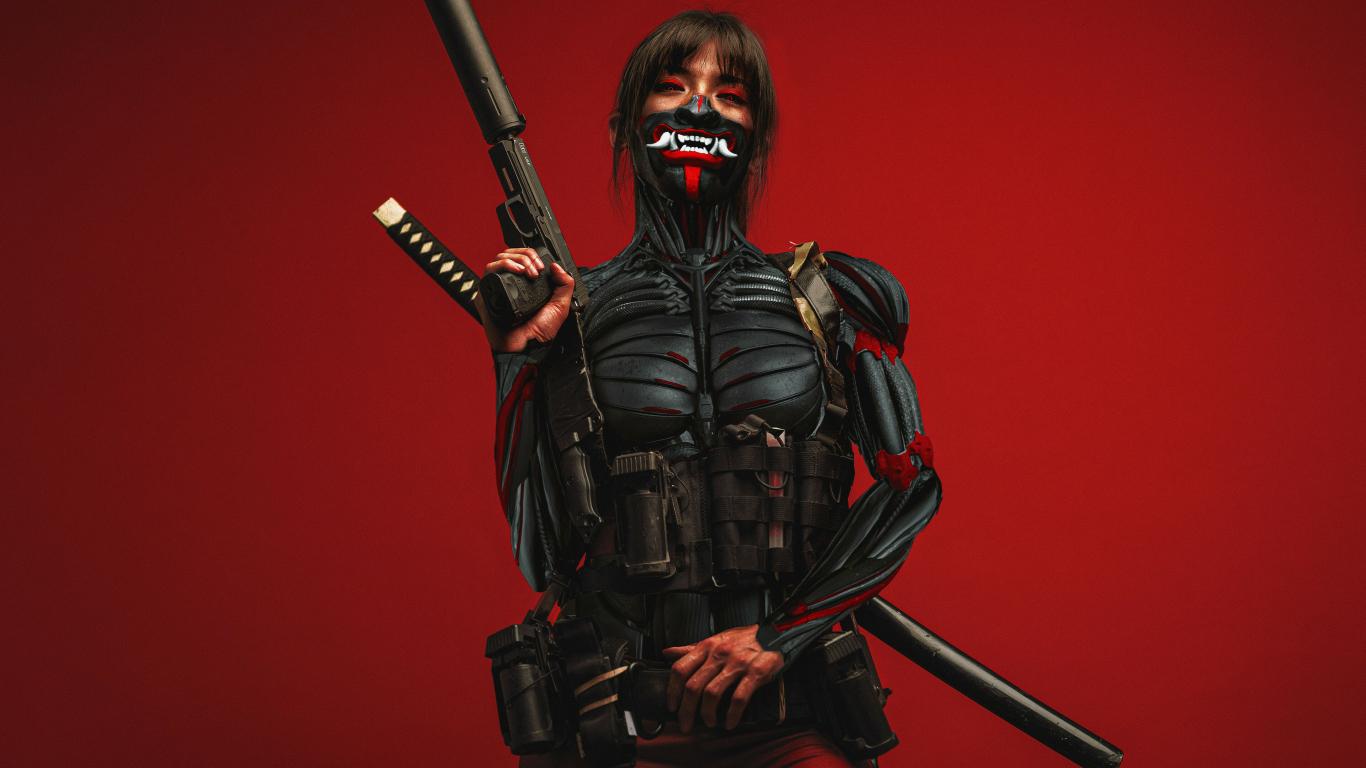 1366x768 Cyberpunk ninja with katana gun art wallpaper background