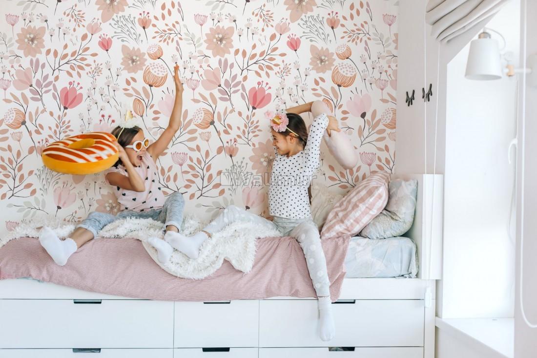 1100x733 Kids Soft Light Pink / Blue Wildflowers Floral Pattern Wallpaper Mural • Wallmur®