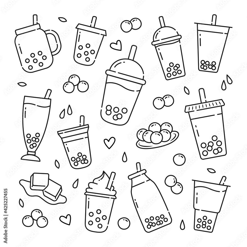 1000x1000 Boba drink doodle hand drawn vector icons for boba shop wallpaper decoration vector illustration Stock Vector