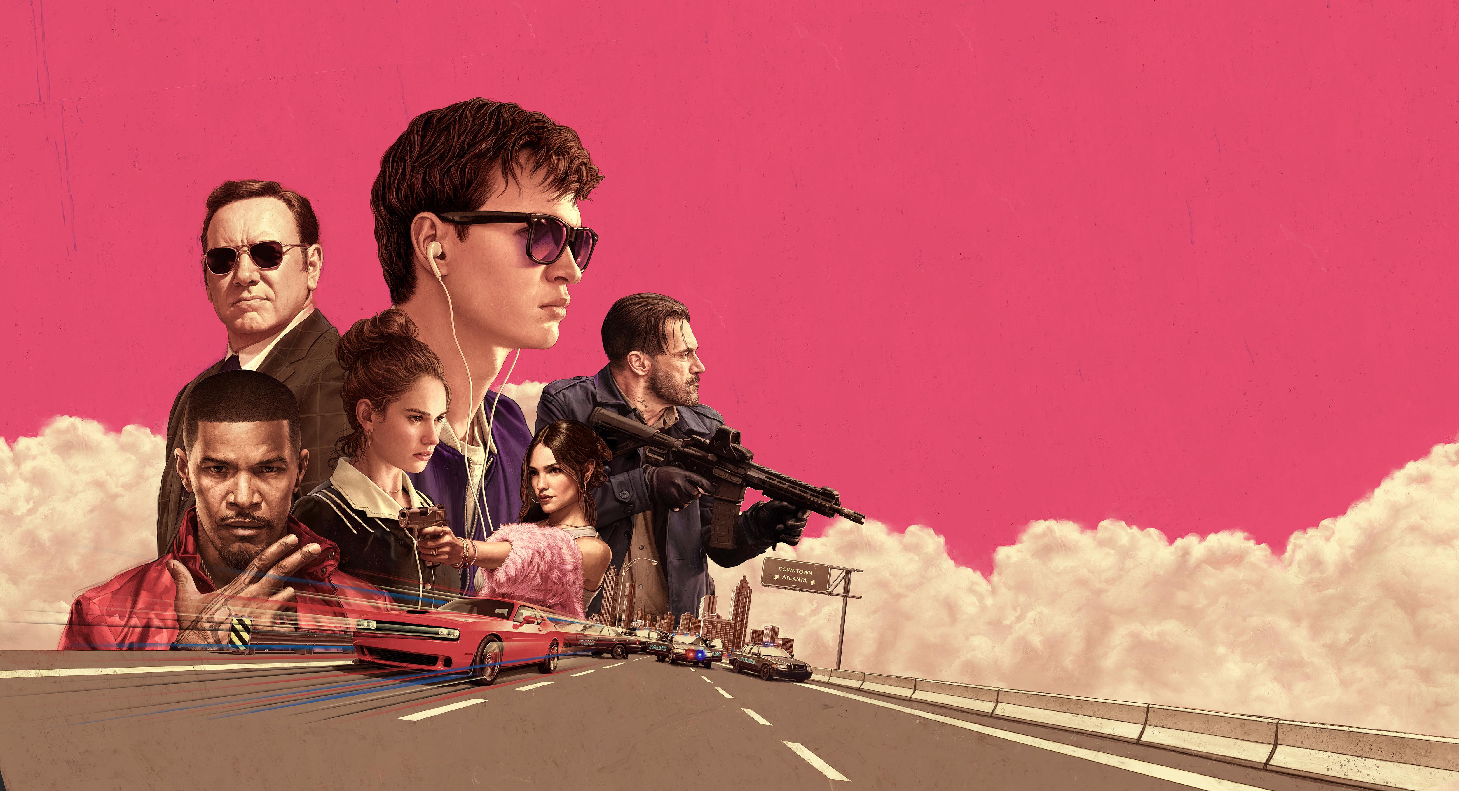 5000x2711 Kevin Spacey, Jon Hamm, Baby Driver, Movies, Jamie Foxx, Car, Road, Assault rifle, Weapon Wallpaper HD / Desktop and Mobile Background