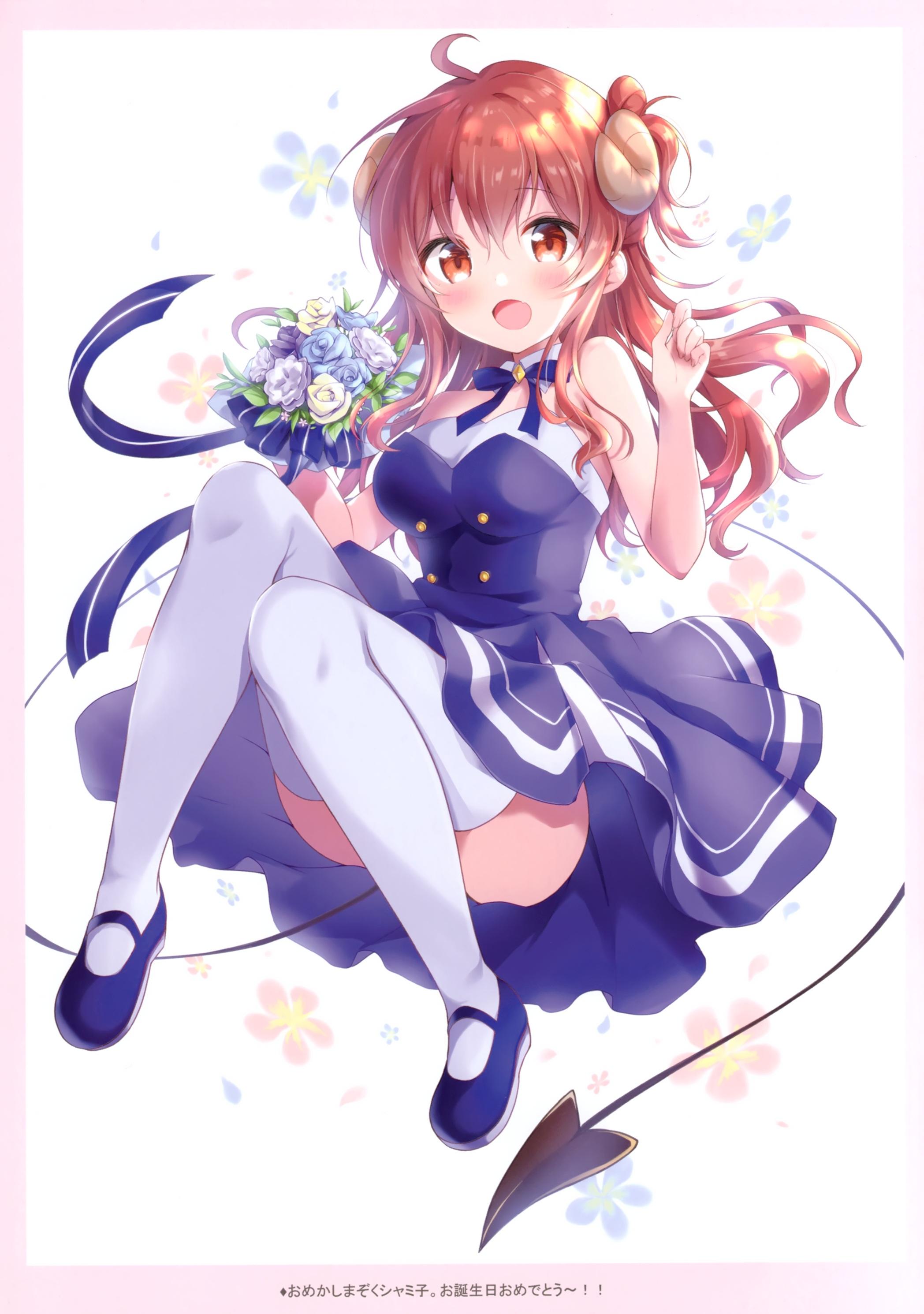 2096x2980 amedama con machikado mazoku yoshida yuuko (machikado mazoku) dress horns tail thighhighs