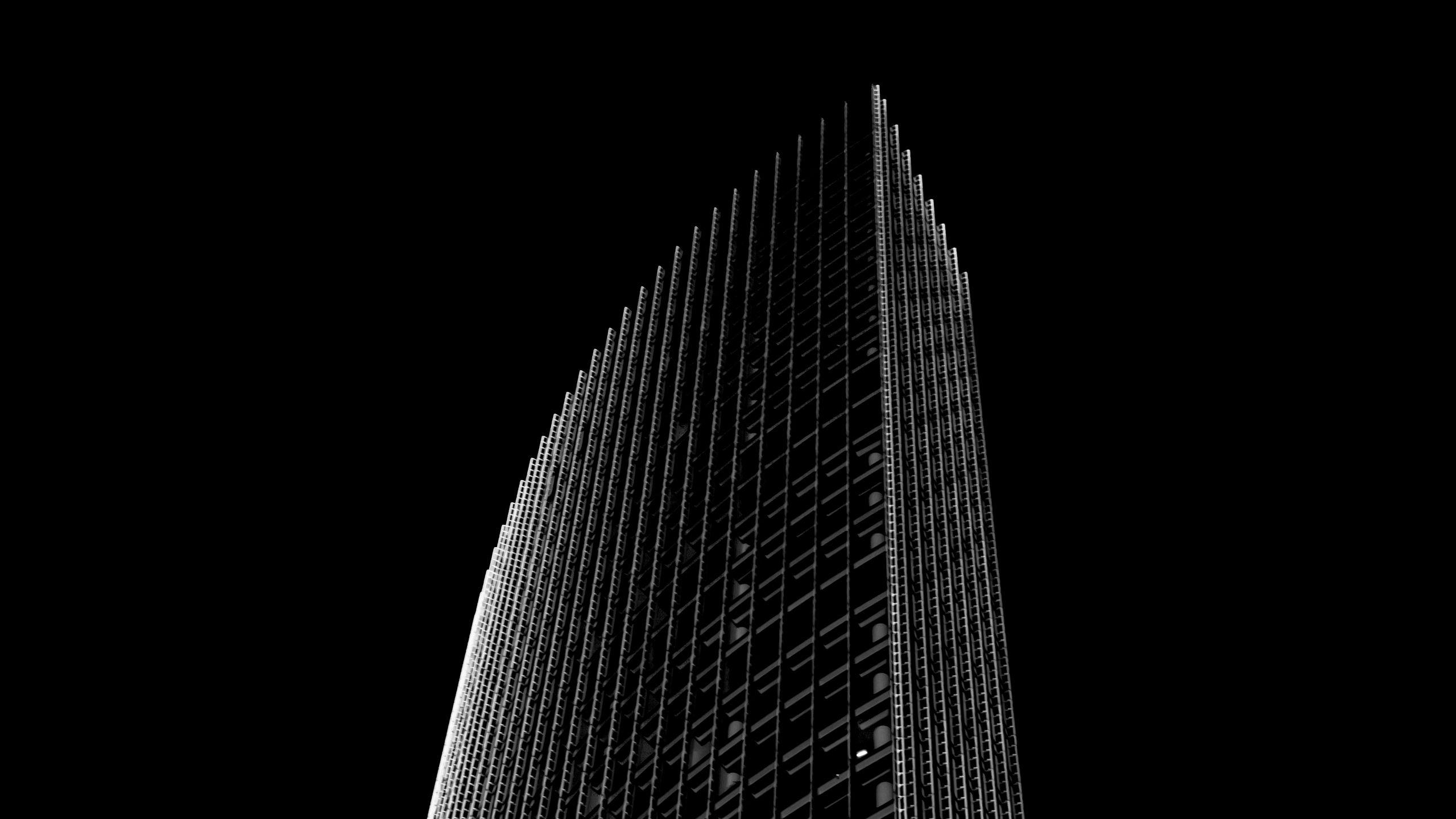2560x1440 Download wallpaper 2560x1440 skyscraper, building, black and white, minimalism, architecture, facade widescreen 16:9 HD background