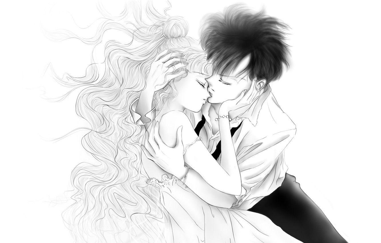 1332x850 Wallpaper mood, tenderness, kiss, minimalism, anime, sketch, art, pair, two, Sailor Moon image for desktop, section прочее