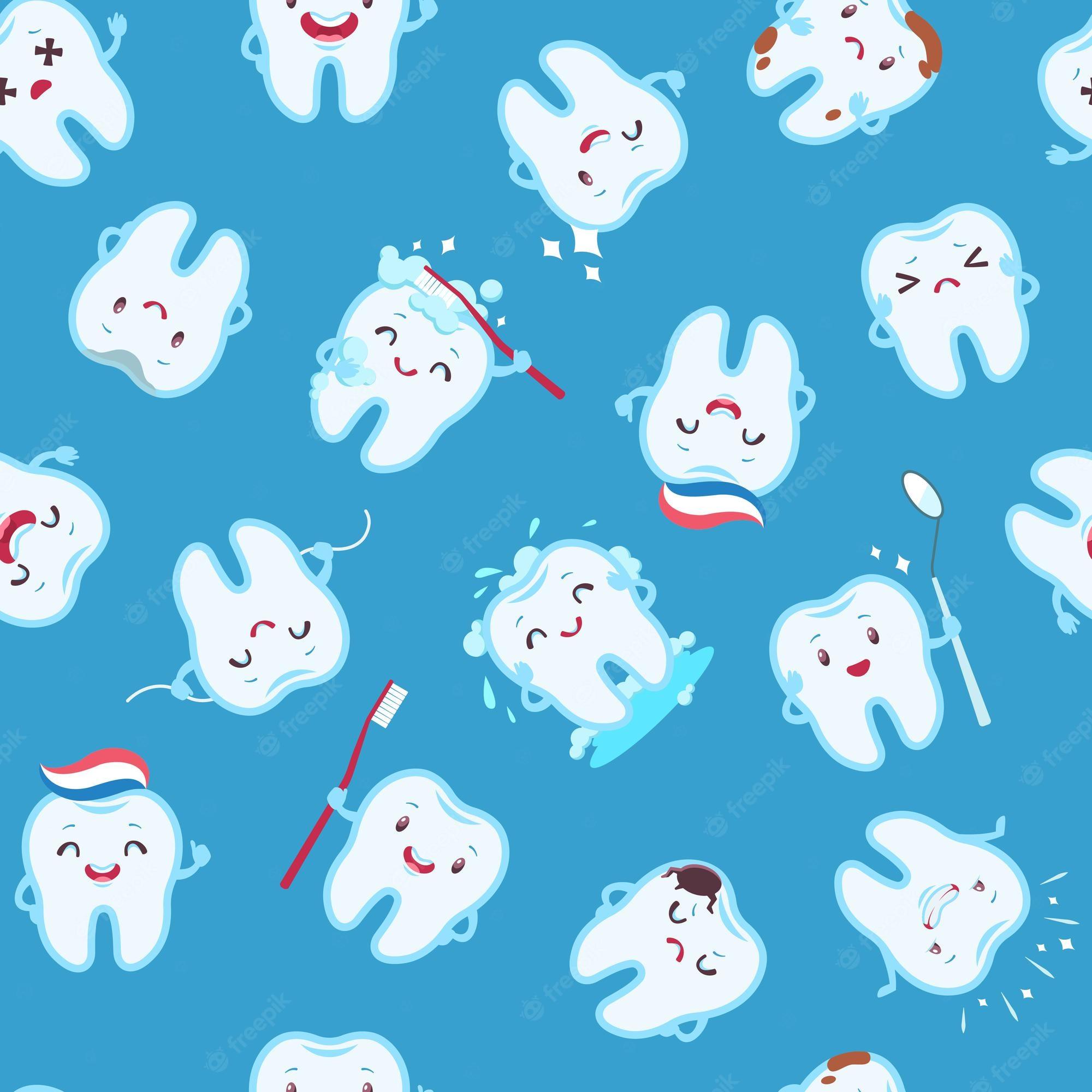 2000x2000 Premium Vector. Cute teeth seamless pattern. funny tooth characters with different emotions, children dentistry, kids dental care creative design textile, wrapping paper, wallpaper vector texture on blue background