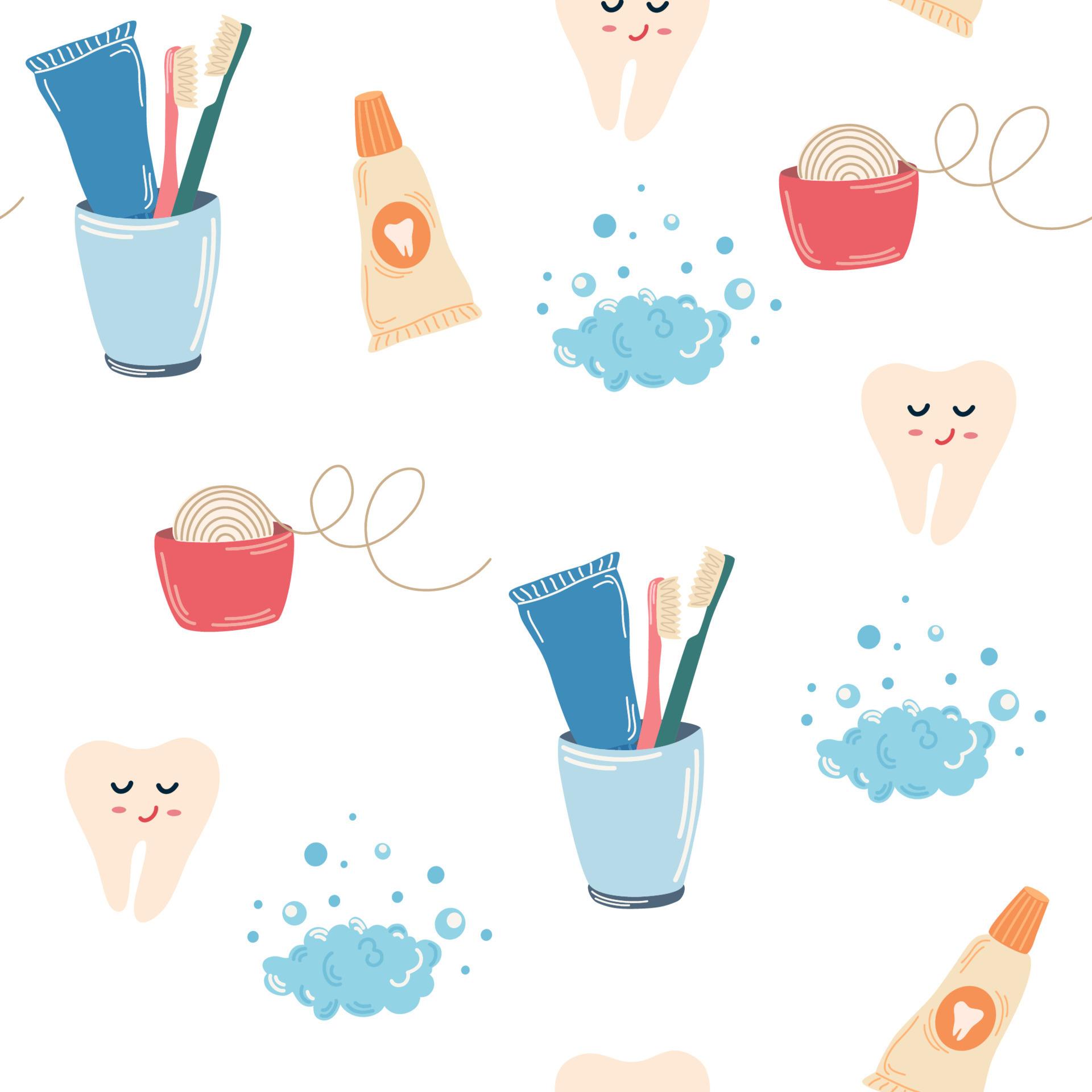 1920x1920 Dental care seamless pattern. Tooth, dental floss, toothpaste, toothbrush, cartoon characters. Treatment and oral hygiene. Textile, wallpaper, prints. Vector flat illustration