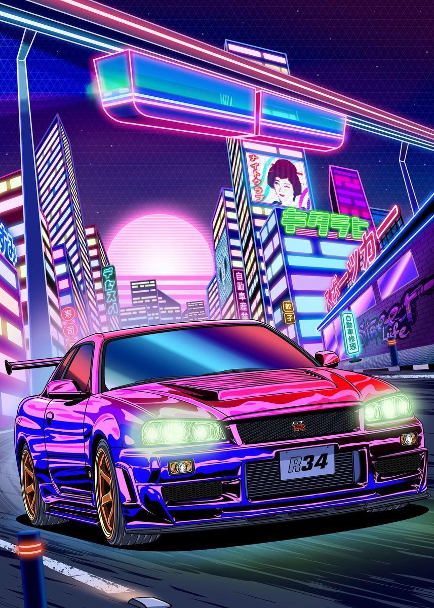 857x1200 Nissan GTR R34 Neon Night' Poster by Navin Guyvit. Displate. Автомобили для уличных гонок, Тюнингованные автомобили, Крутые тачки