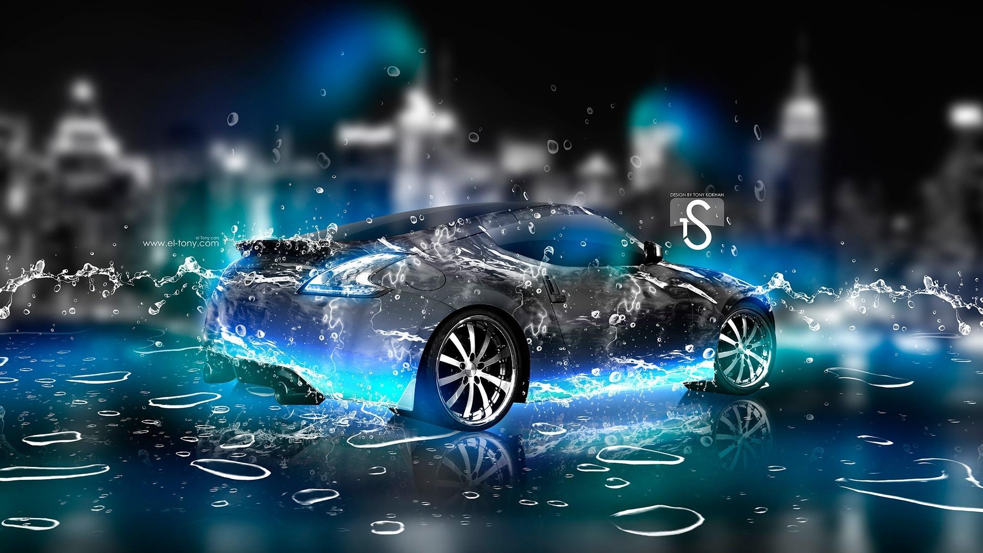 1920x1080 city, night, neon, water, car, vehicle, water drops, blue, Nissan, screenshot, computer wallpaper, automotive design Gallery HD Wallpaper