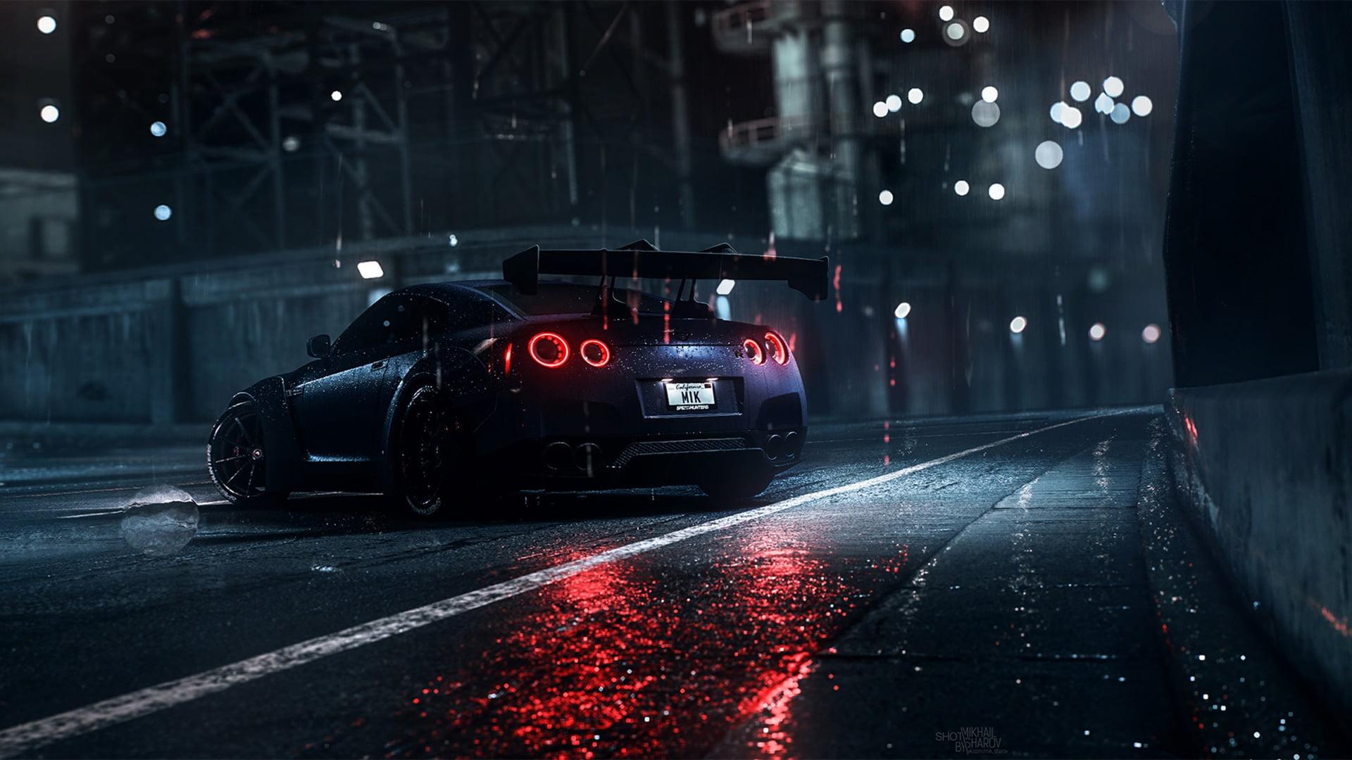 1920x1080 Wallpaper Blue Sports Car Wallpaper, Dark, Night, Rain, Nissan, Nissan GT R