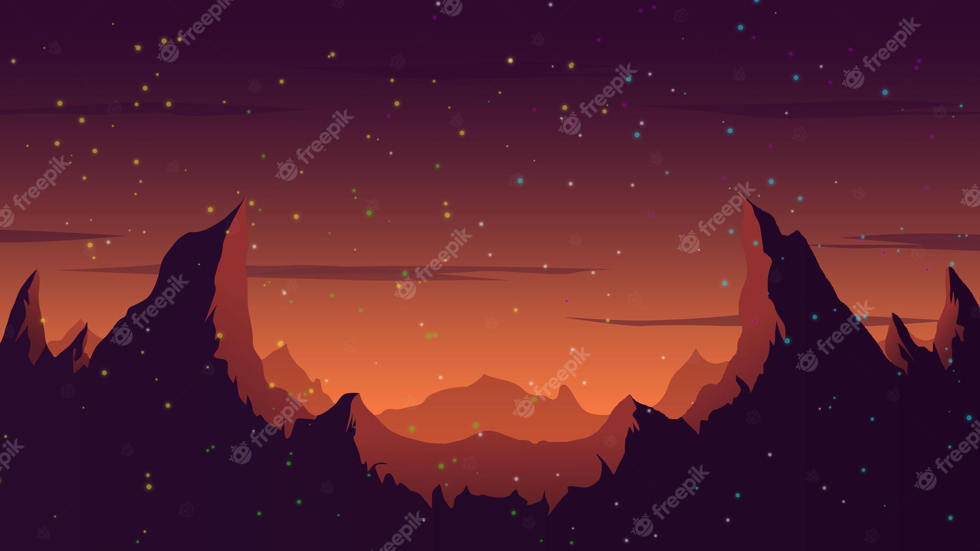 2000x1125 Premium Vector. Mountain sunset minimalist landscape scenery wallpaper full HD 4k 8k image background