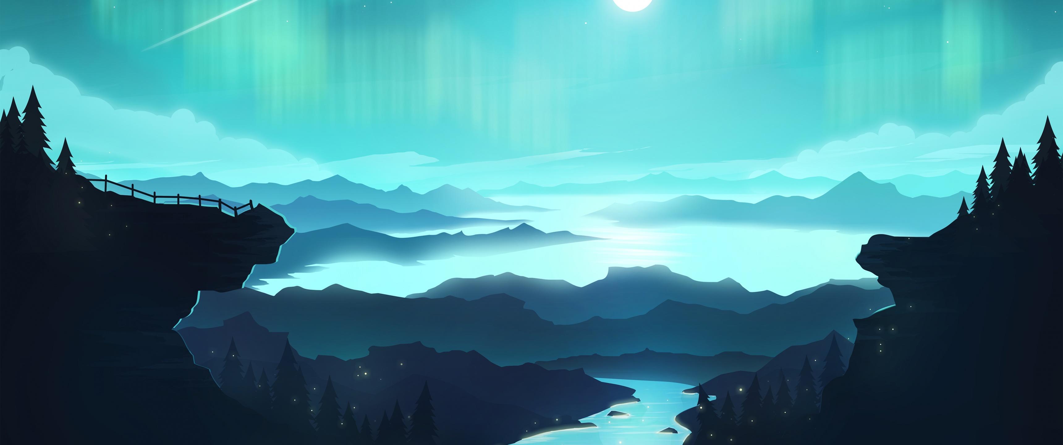 3440x1440 Moon Wallpaper 4K, River, Mountains, Nature