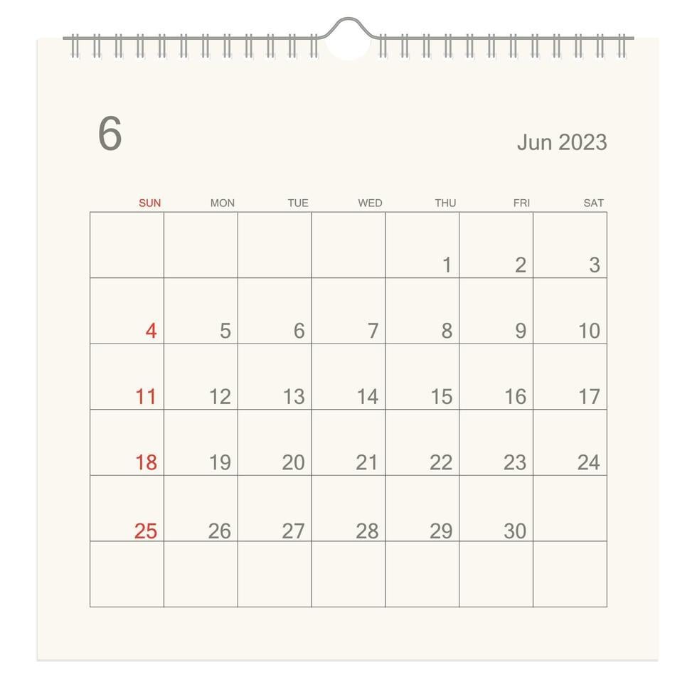 980x980 June 2023 calendar page on white background. Calendar background for reminder, business planning, appointment meeting and event. Week starts from Sunday. Vector