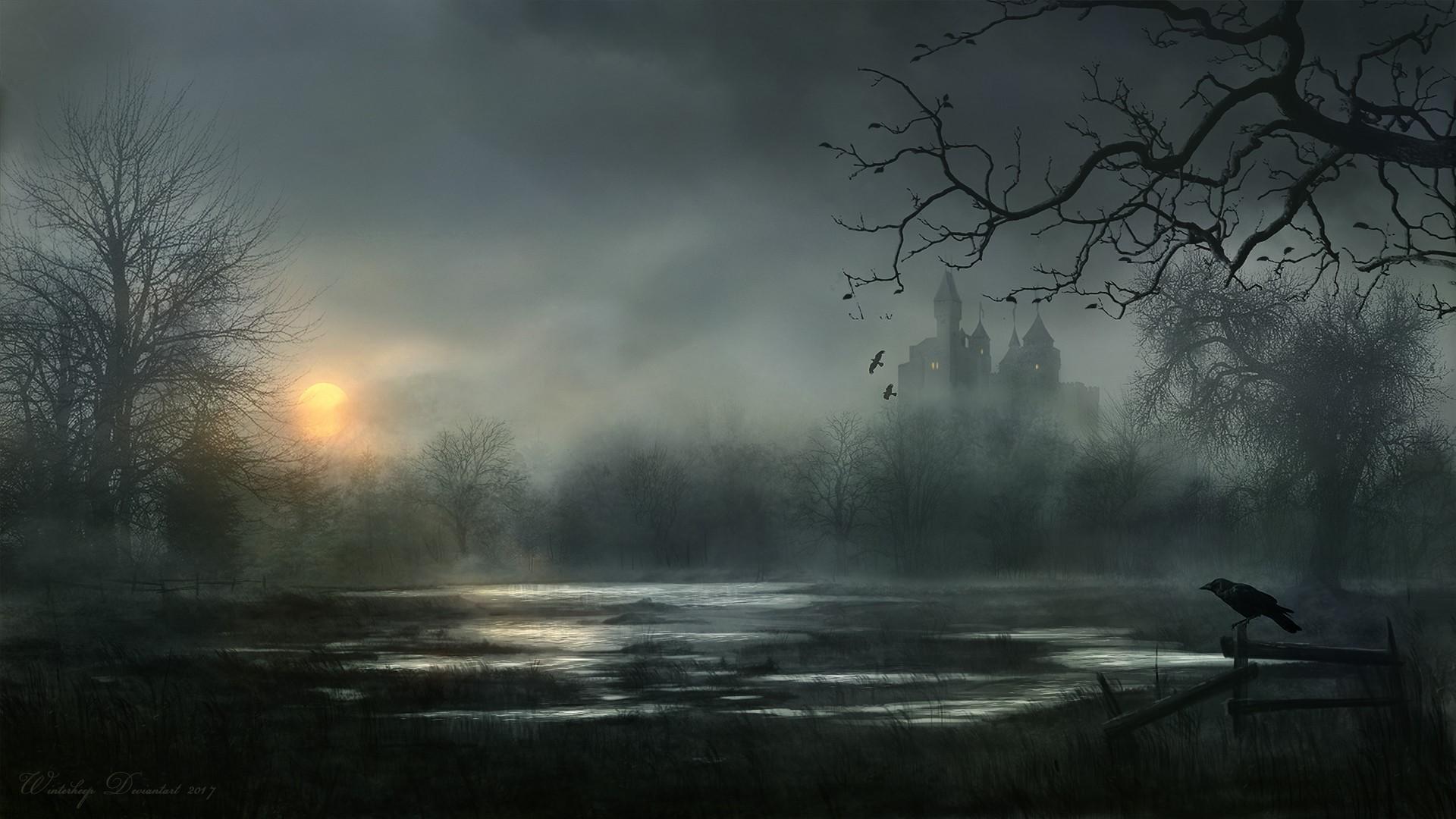 1920x1080 castle, dark, swamp, digital, mist, crow, lake, horror Gallery HD Wallpaper