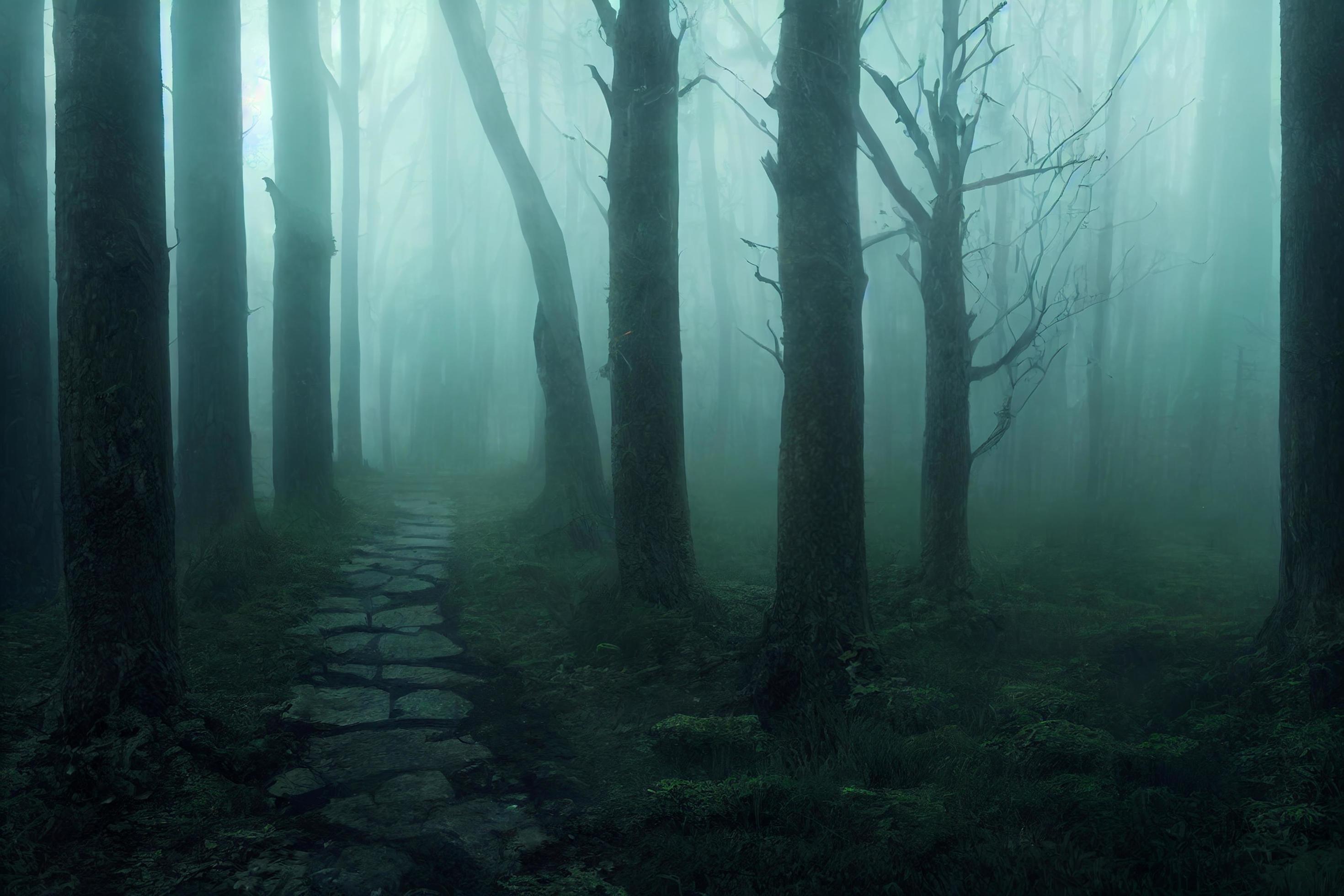 2940x1960 Landscape of haunted mist forest with pathway dark background, creepy and scary concept, 3D rendering