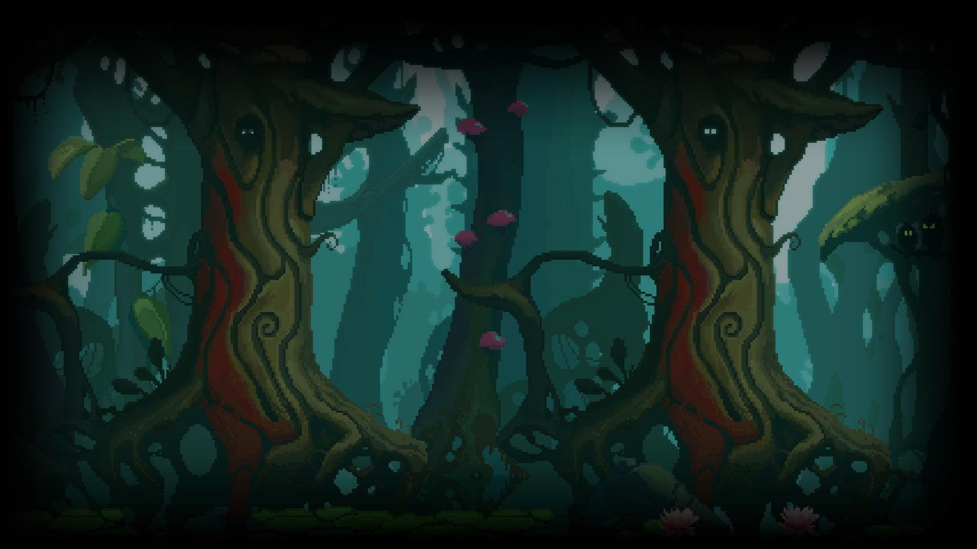 1920x1080 Wallpaper / landscape, forest, digital art, mushroom, roots, nature, 1080P, pixels, trees, owl, pixel art, pixelated, branch, leaves, animal eyes, fantasy art free download