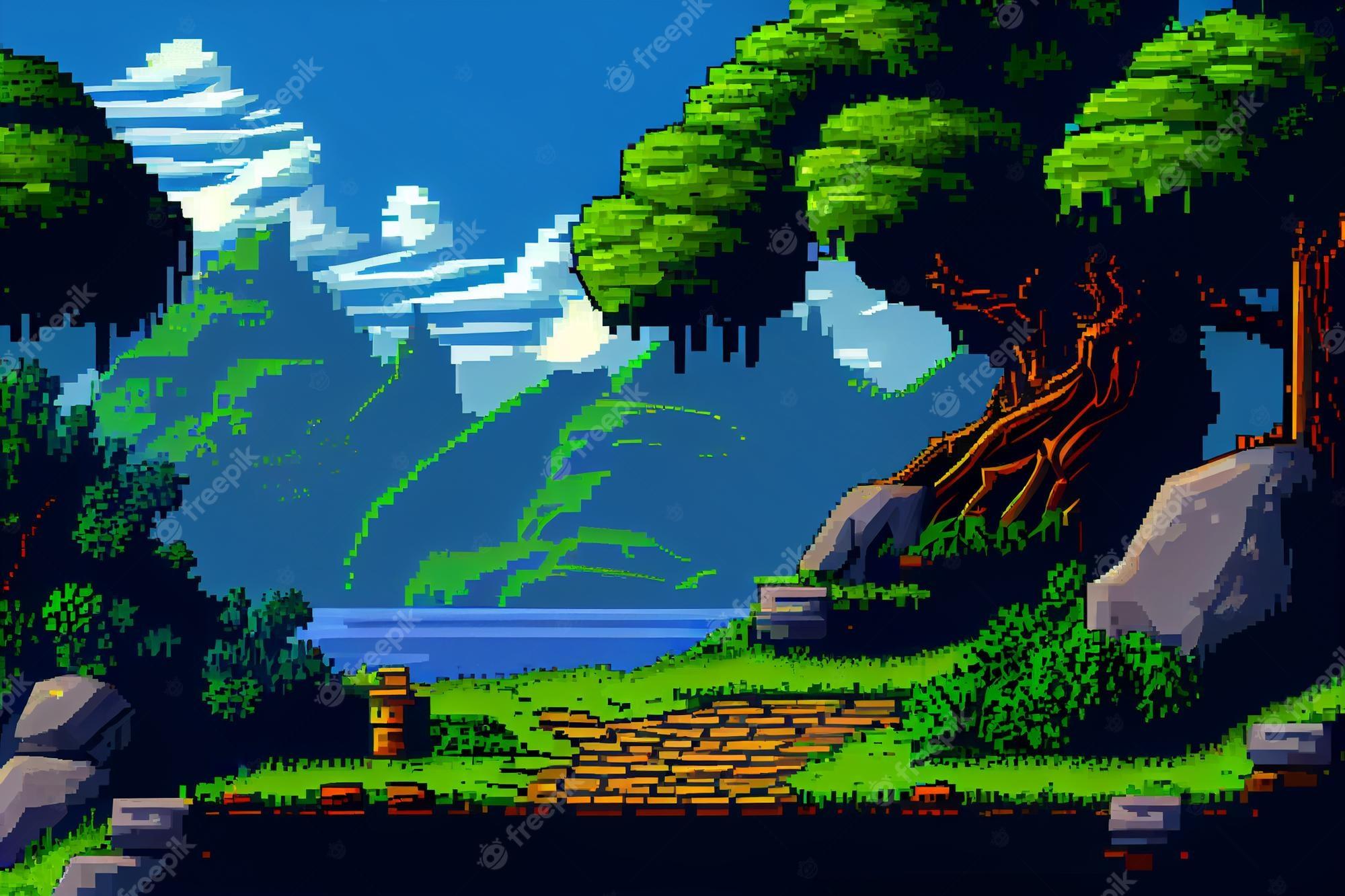 2000x1333 Premium Photo. Video game background landscape with mountains and forests in 16 bit pixels retro video arcade game nature location with pixel art mountain hills snow peaks sky and clouds trees