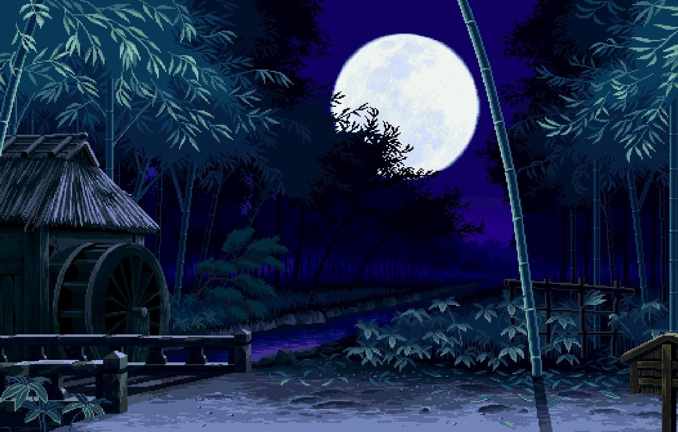 1332x850 Wallpaper night, bamboo, river, pixel art image for desktop, section разное