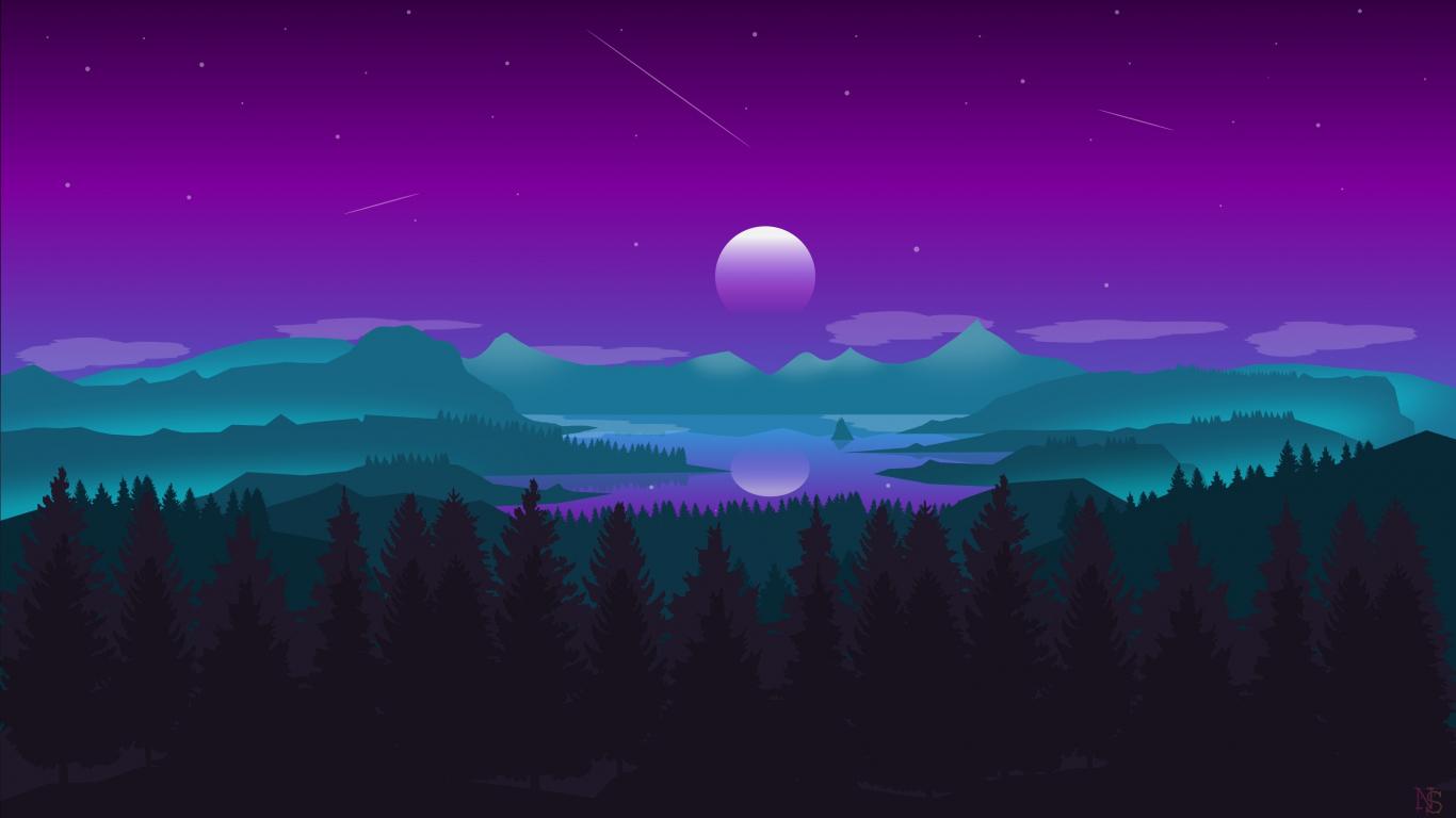 1366x768 Horizon moon mountains forest digital art wallpaper.